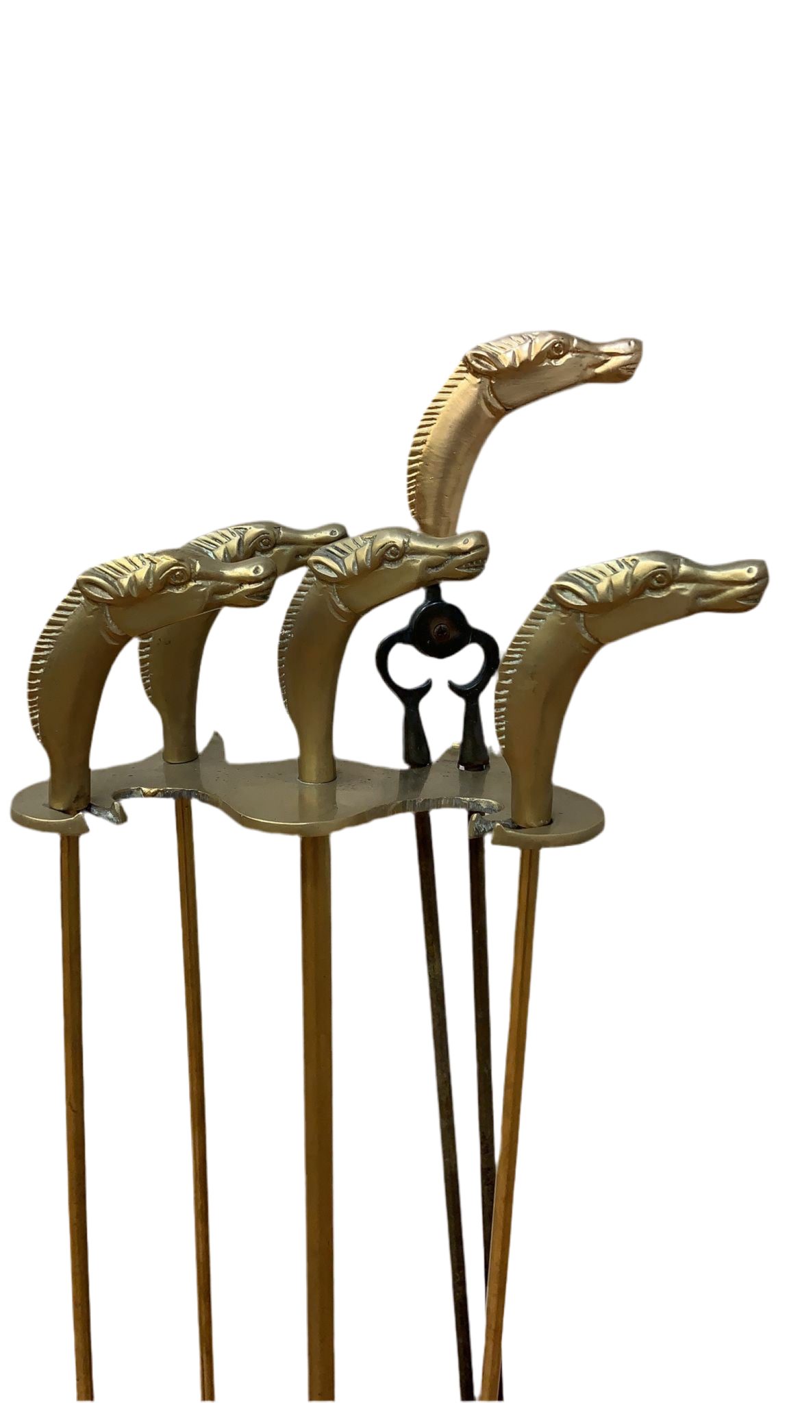 Vintage French Neoclassical Style Brass Horses Head Fireplace Tools