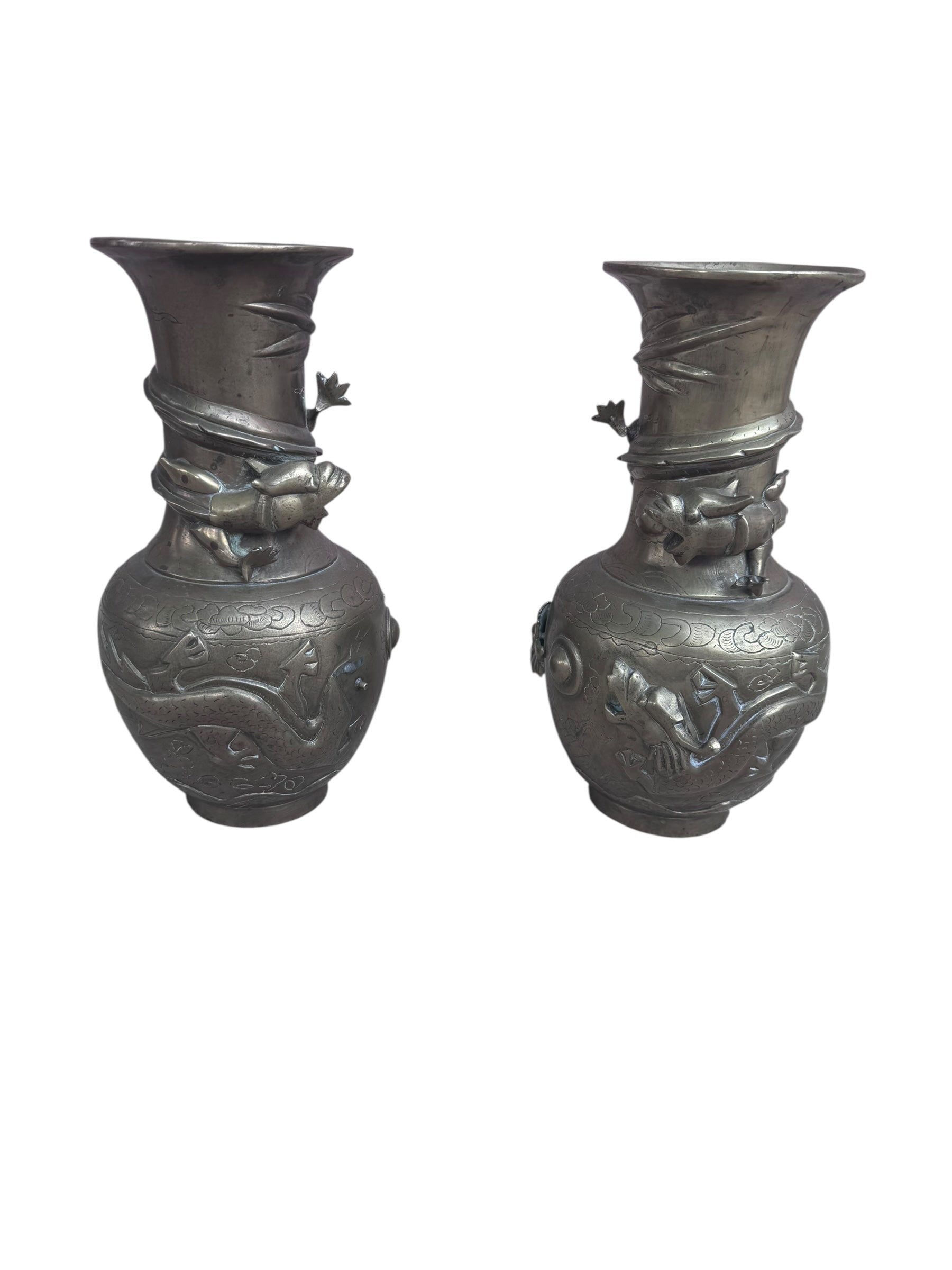 Antique Chinese Bronze Royal Dragons Sculpted Vase - Pair