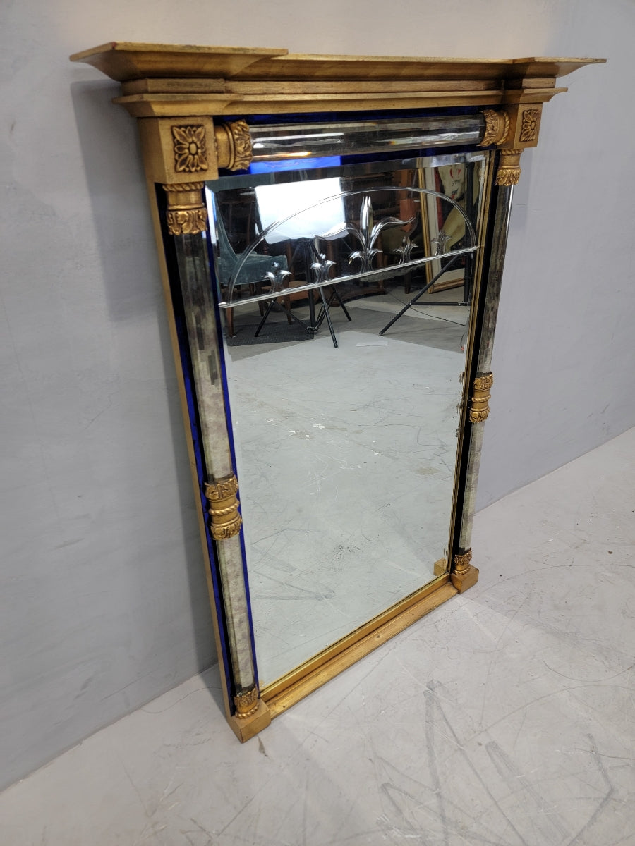 Vintage Empire Federal Style Gilt Wall Mirror with Beveled Glass Edges and Cobalt Blue Trim