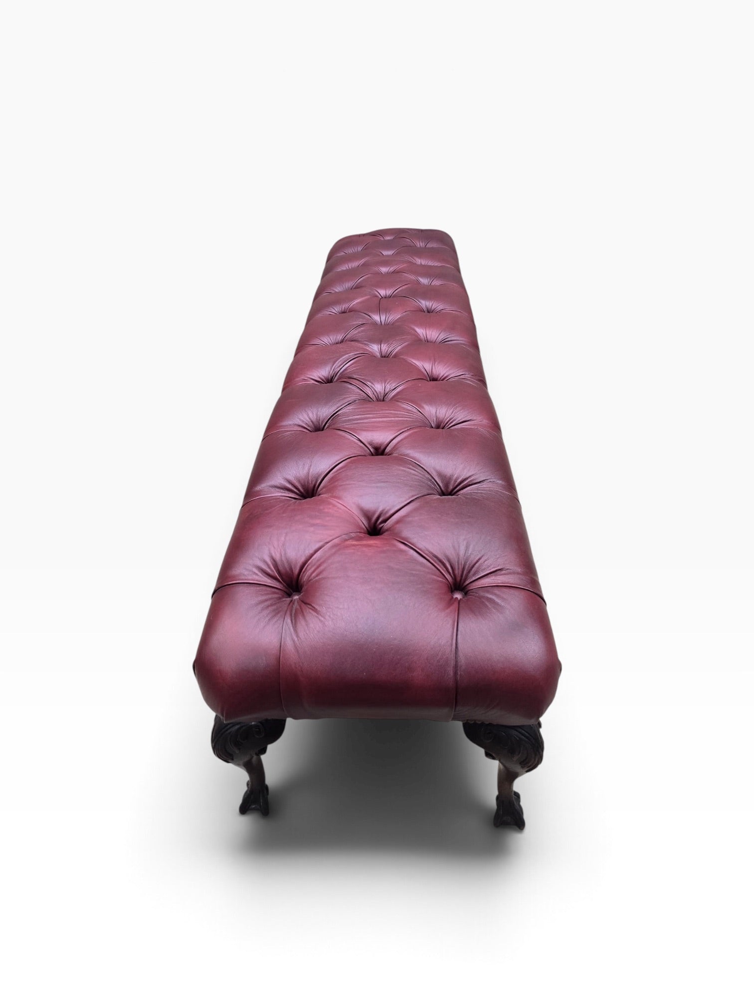 Chippendale Style Carved Mahogany Ball & Claw Six Leg Tufted Hall/Dining Bench Newly Reupholstered in Cabernet Leather - Pair