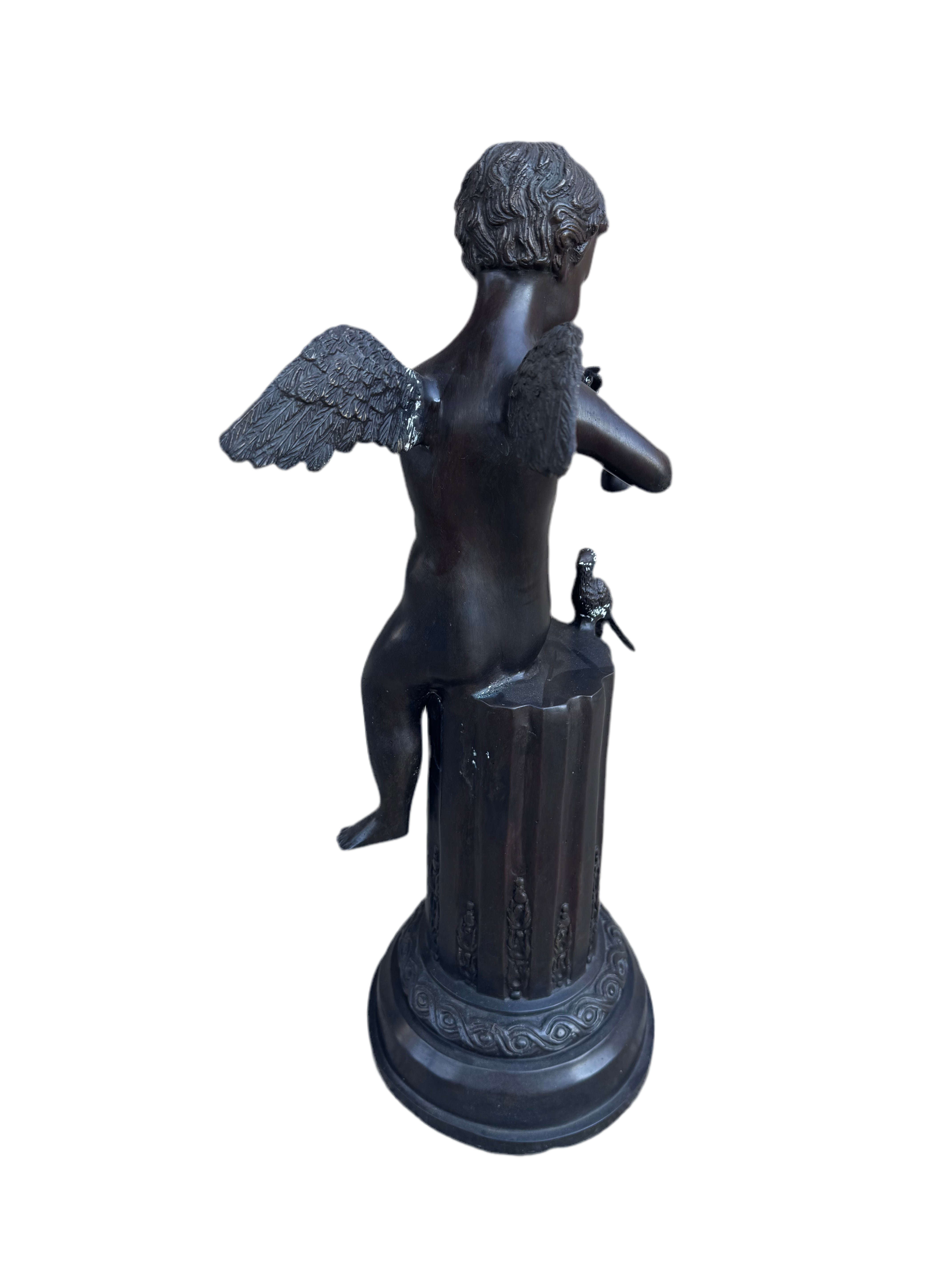 Antique Bronze Cherub on Pedestal Playing The Flute Sculpture Attributed to French Artist Auguste Moreau