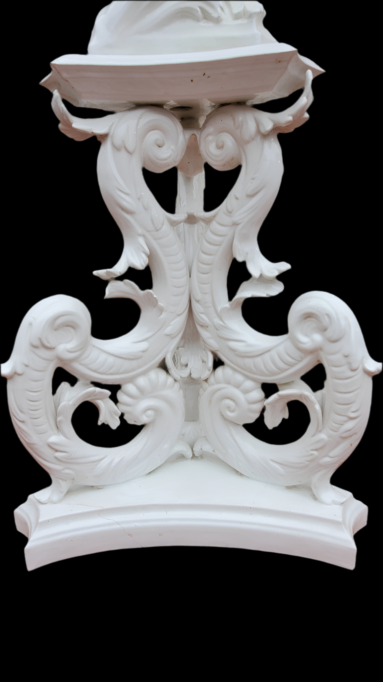 Antique Italian Rococo Style White Capodimonte-Style Cherub Putti Figural Plant Stand / Pedestal Sculpture