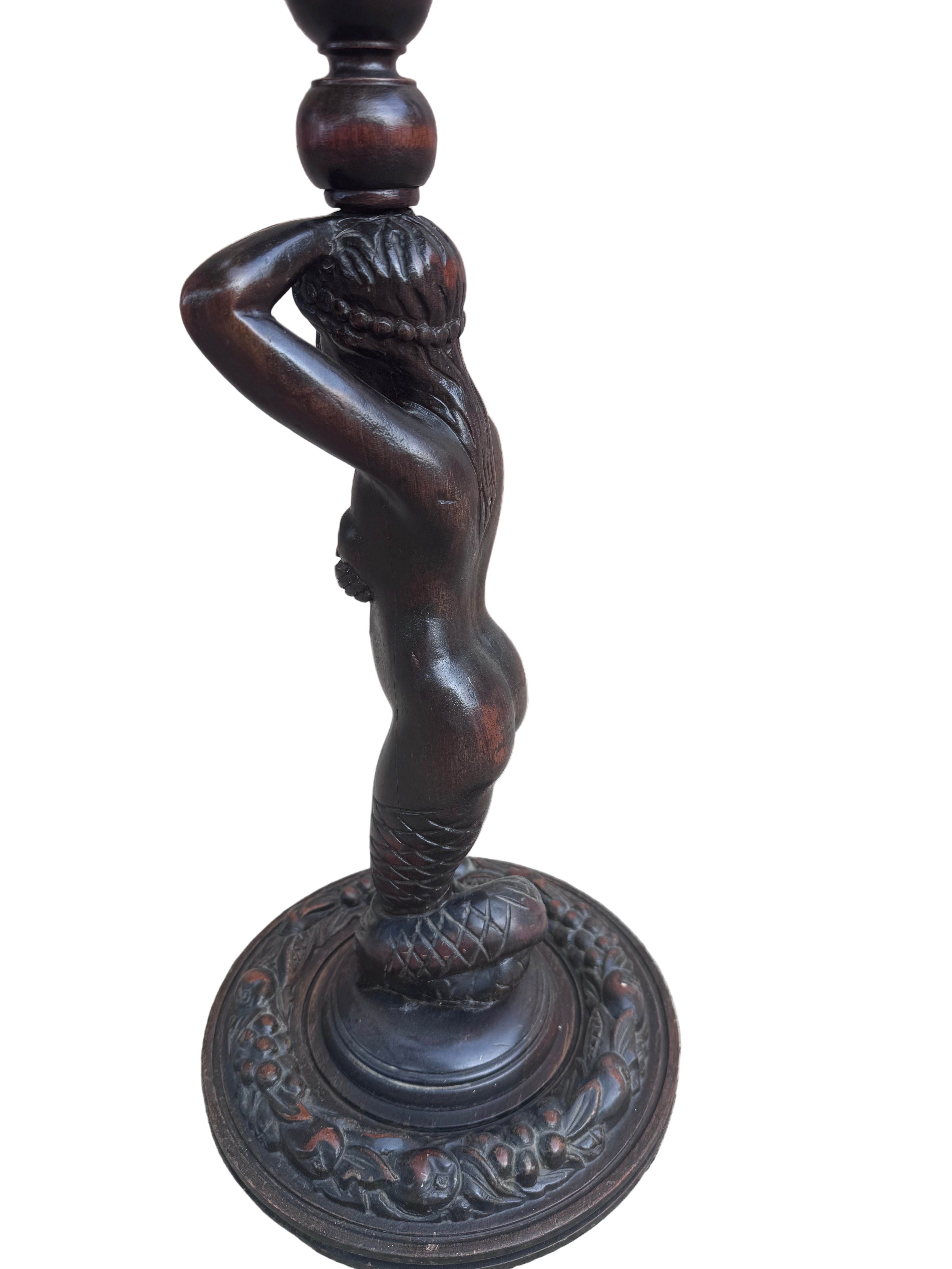 Antique Art Nouveau Style Carved Mahogany Mermaid Foor Ashtray Smoking Stand