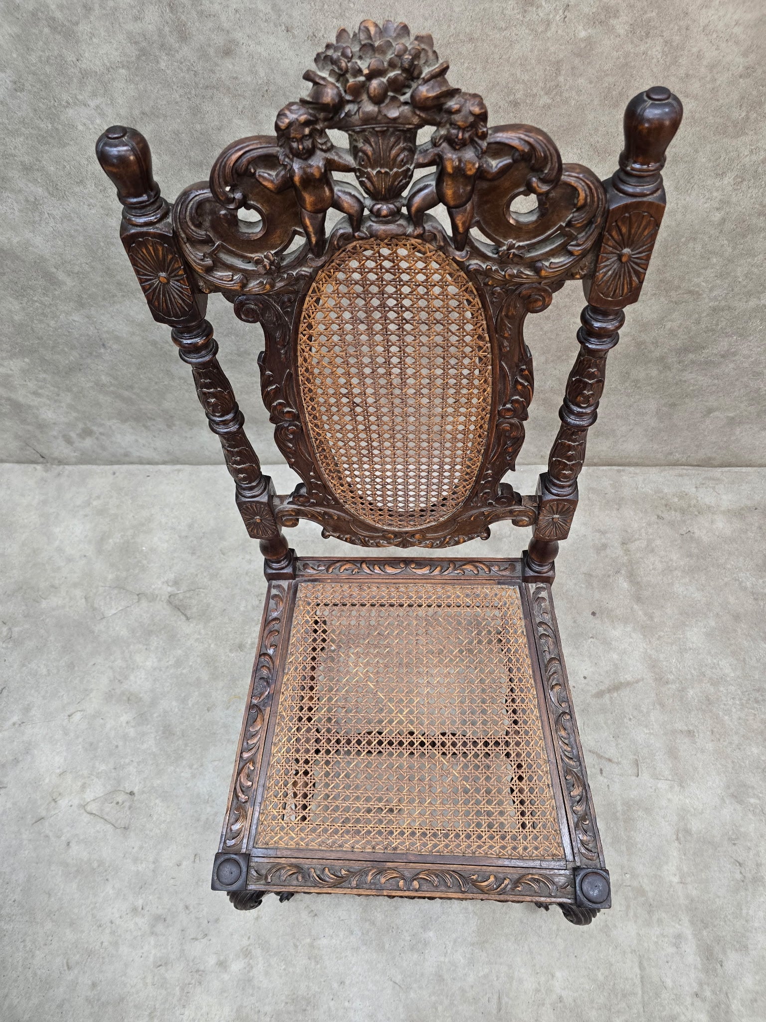 Antique Renaissance Revival Cane Throne Chairs - Pair