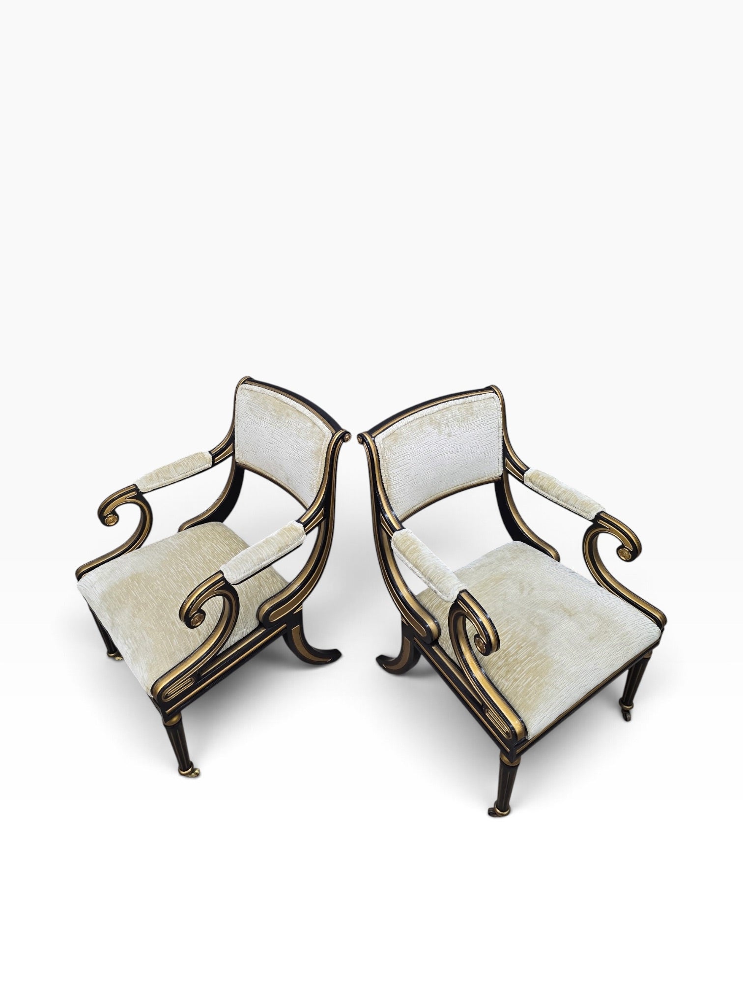 Regency Style Ebonized Armchairs by Baker Newly Reupholstered in a Gold Chenille Fabric - Pair