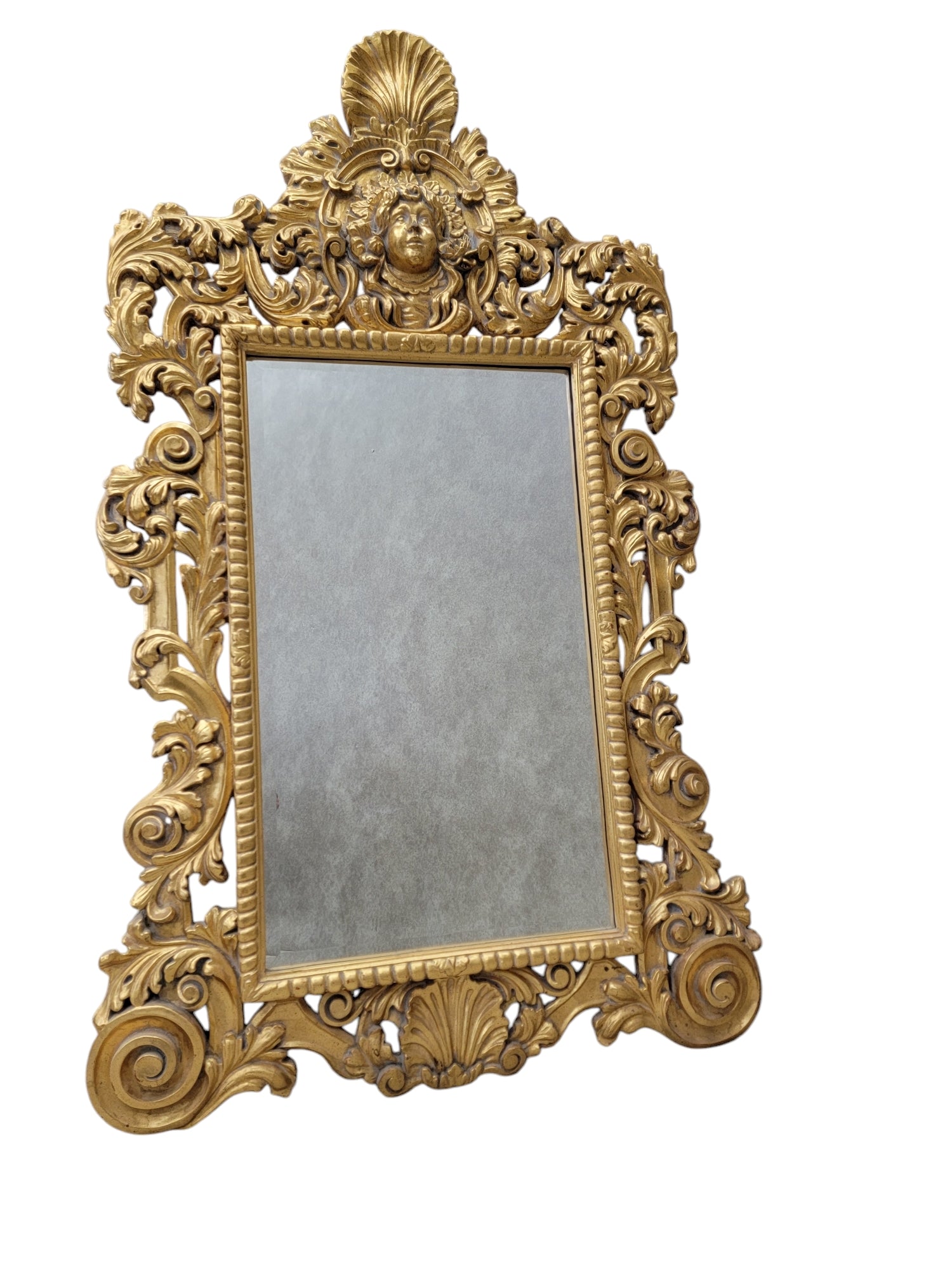 Vintage Hollywood Regency Italian Versace Style Carved Ornate Gold Gilded Figural Beveled Wall Mirror