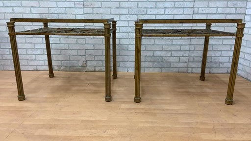 Hollywood Regency Antique Gold Forged Wrought Iron Glass Top Side Tables - Pair