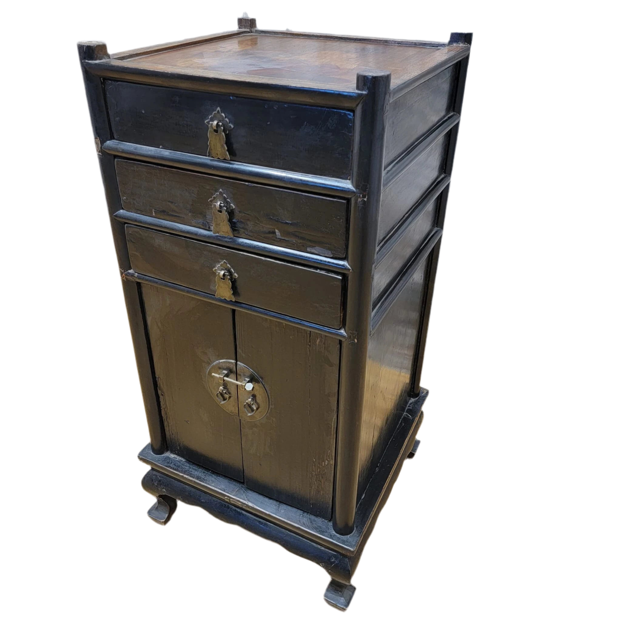 Antique Shanxi Province Elm and Black Lacquer Nightstand / Side Table with Storage