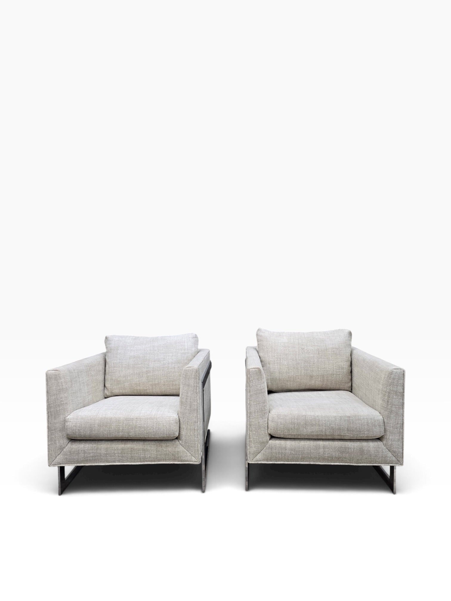 Mid Century Modern Milo Baughman Chrome Flat Bar Cantilever Club Chairs Newly Reupholstered in Natural Linen – Pair
