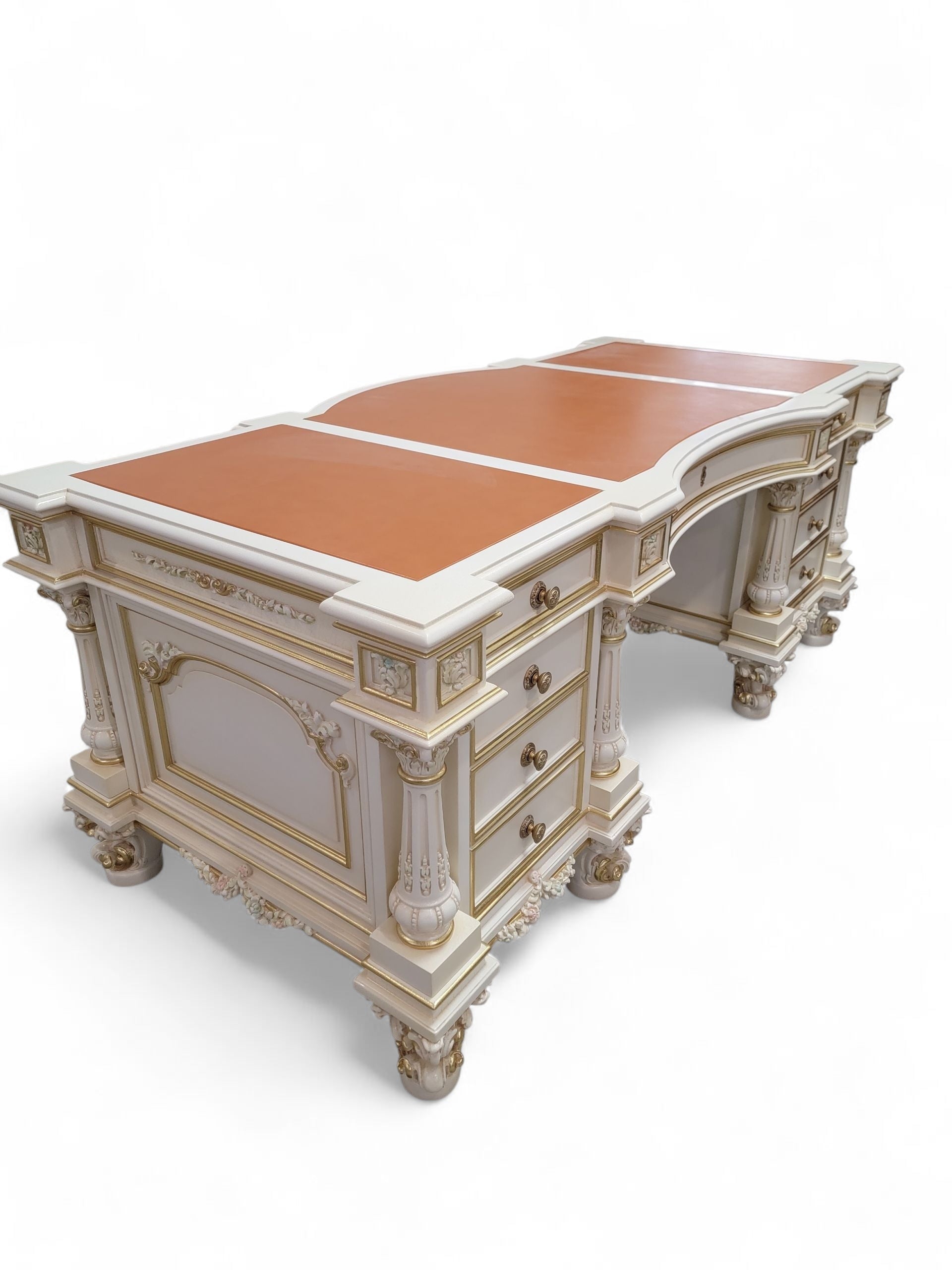 Vintage Custom Venetian Antique Rococo Style Antique White Carved Executive Desk