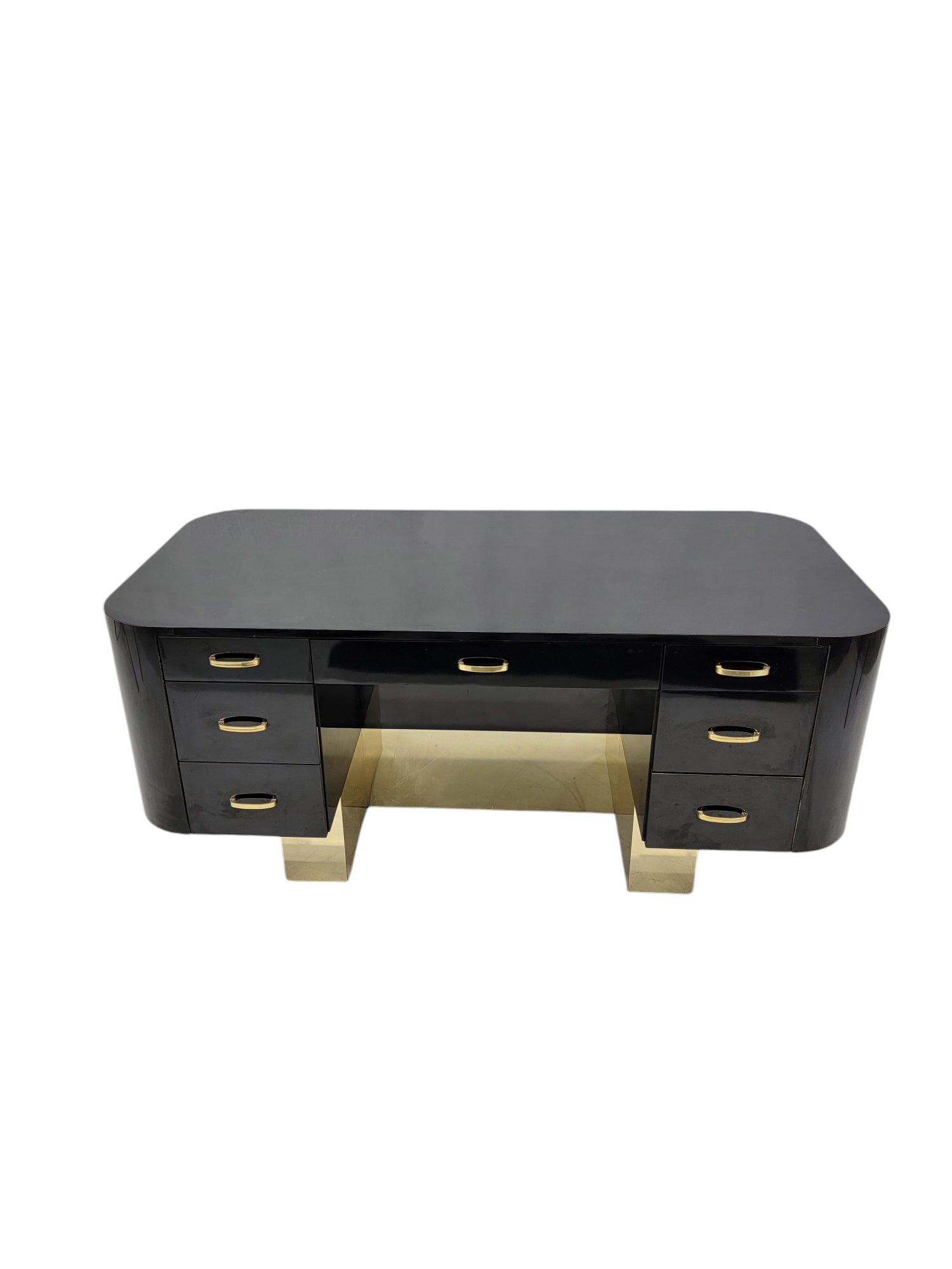 New - Vintage Postmodern French Art Deco Styled Black Lacquer and Brass Curved  Executive Desk