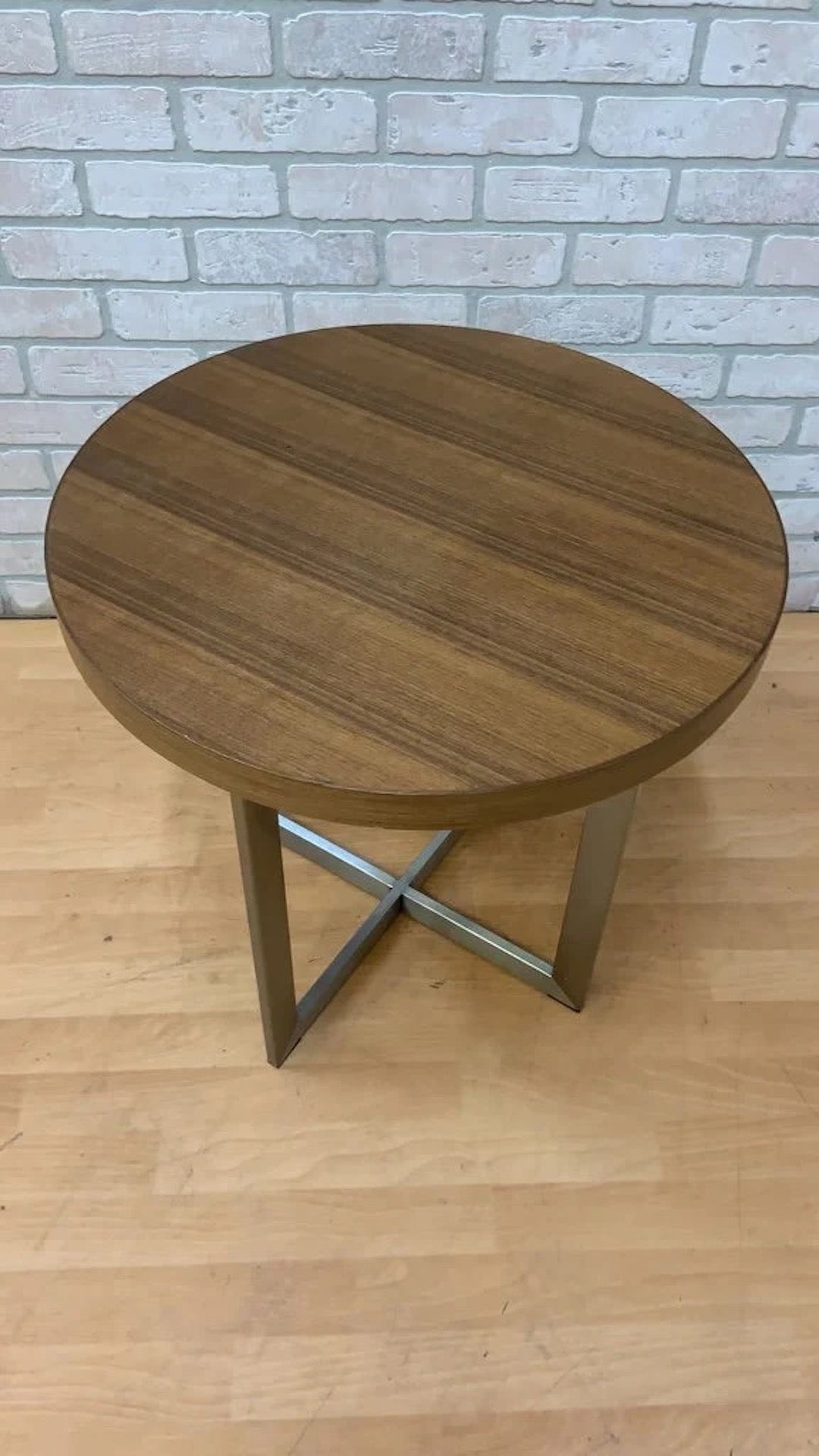 Vintage Milo Baughman Style Round Teak and Chrome Side/End Table