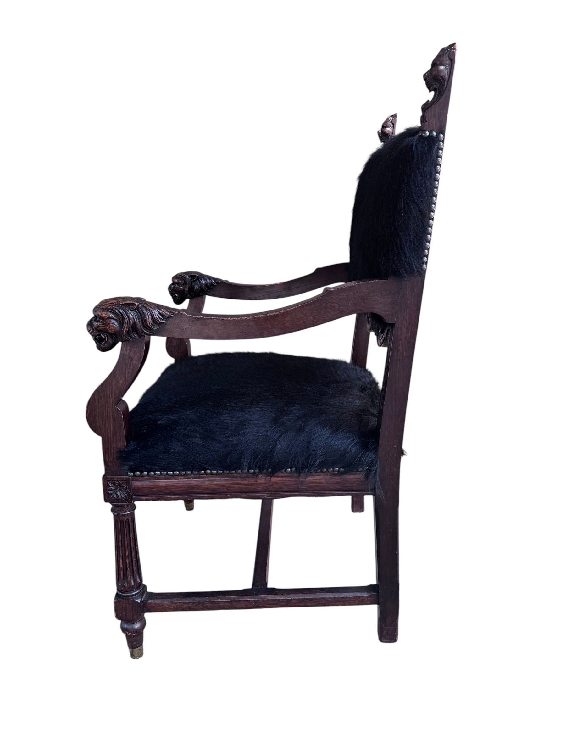 Antique French Carved Hall Chair With Lion Head Arms