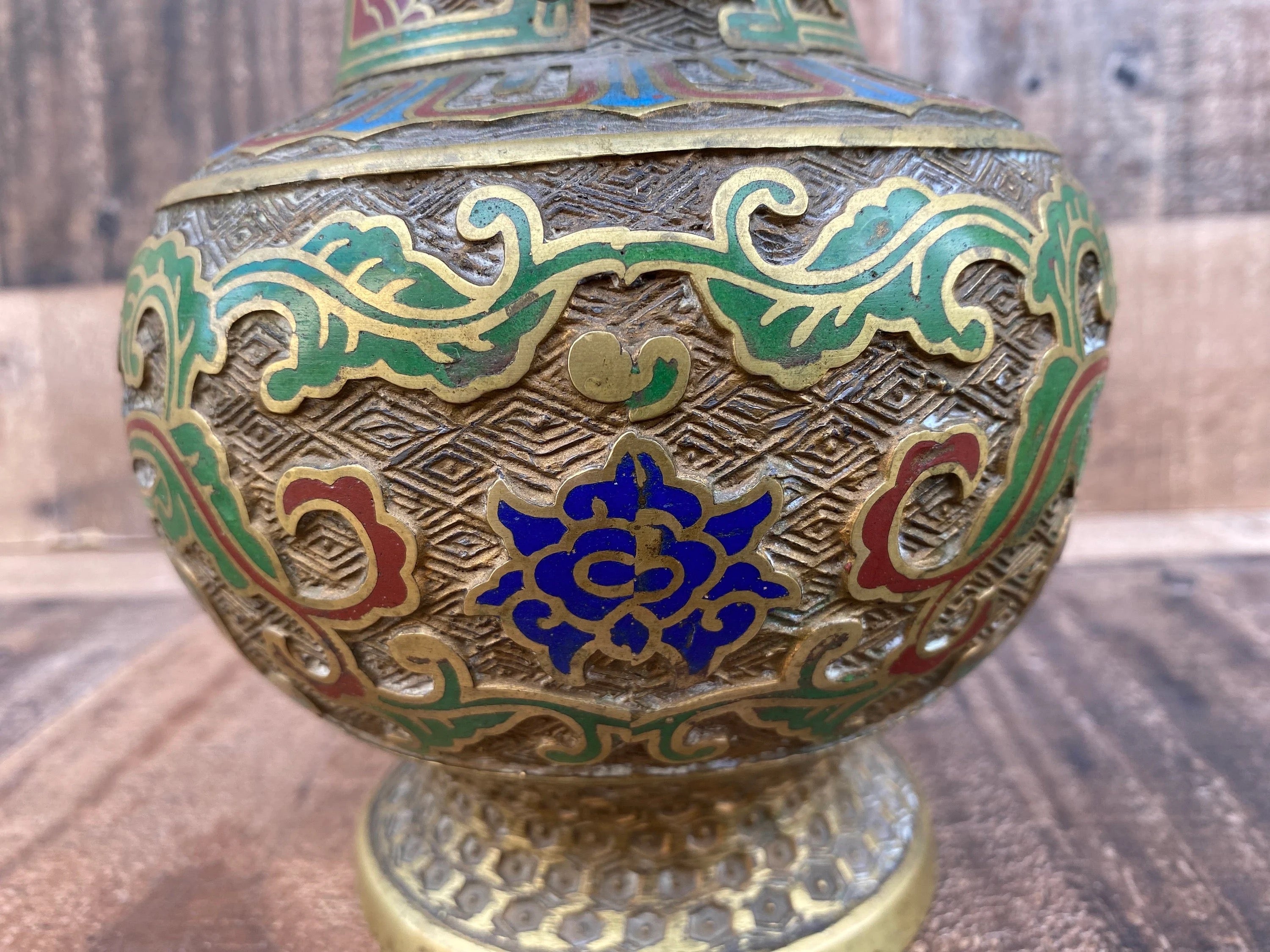 Antique Japanese Bronze Cloisonné/Champleve Vase Urn