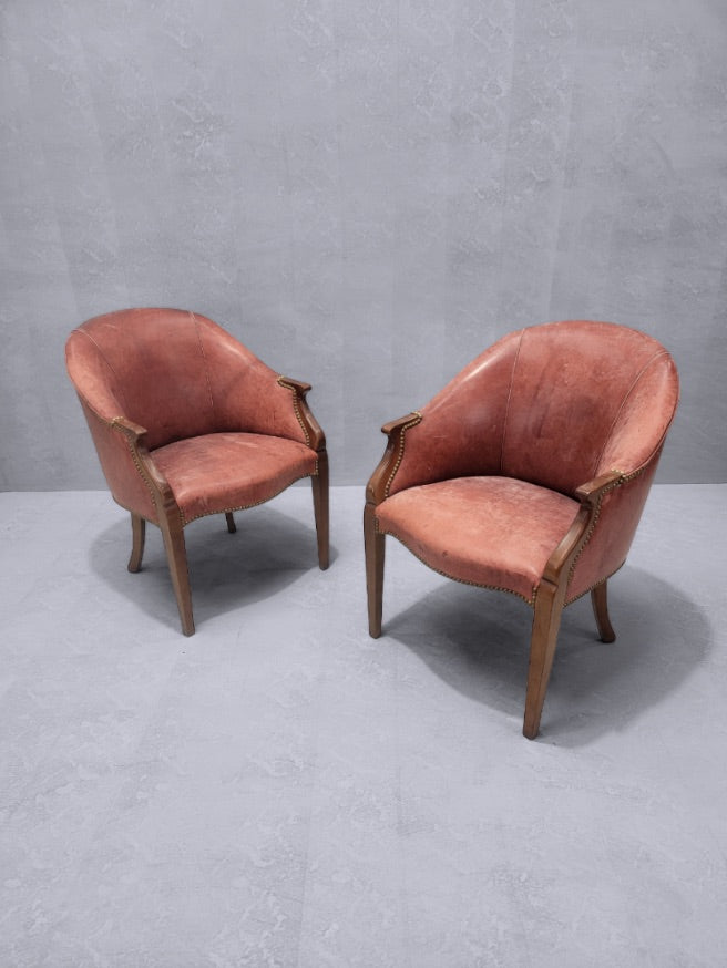 Antique English Edwardian Mahogany Tub Chairs in Leather - Pair