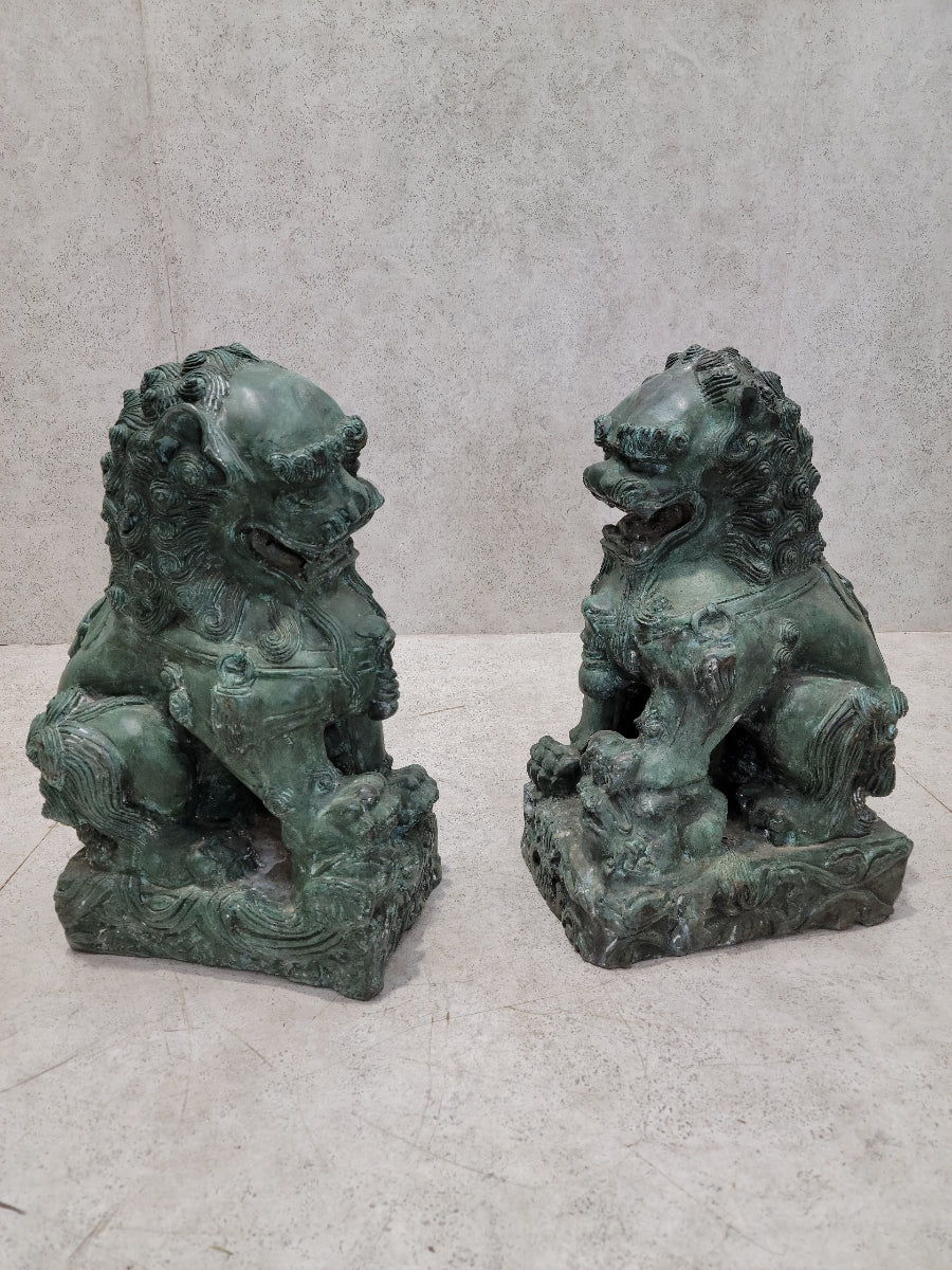 Antique Fengshui Chinese Bronze Guardian Lion Foo Dog Statue Sculpture - Pair