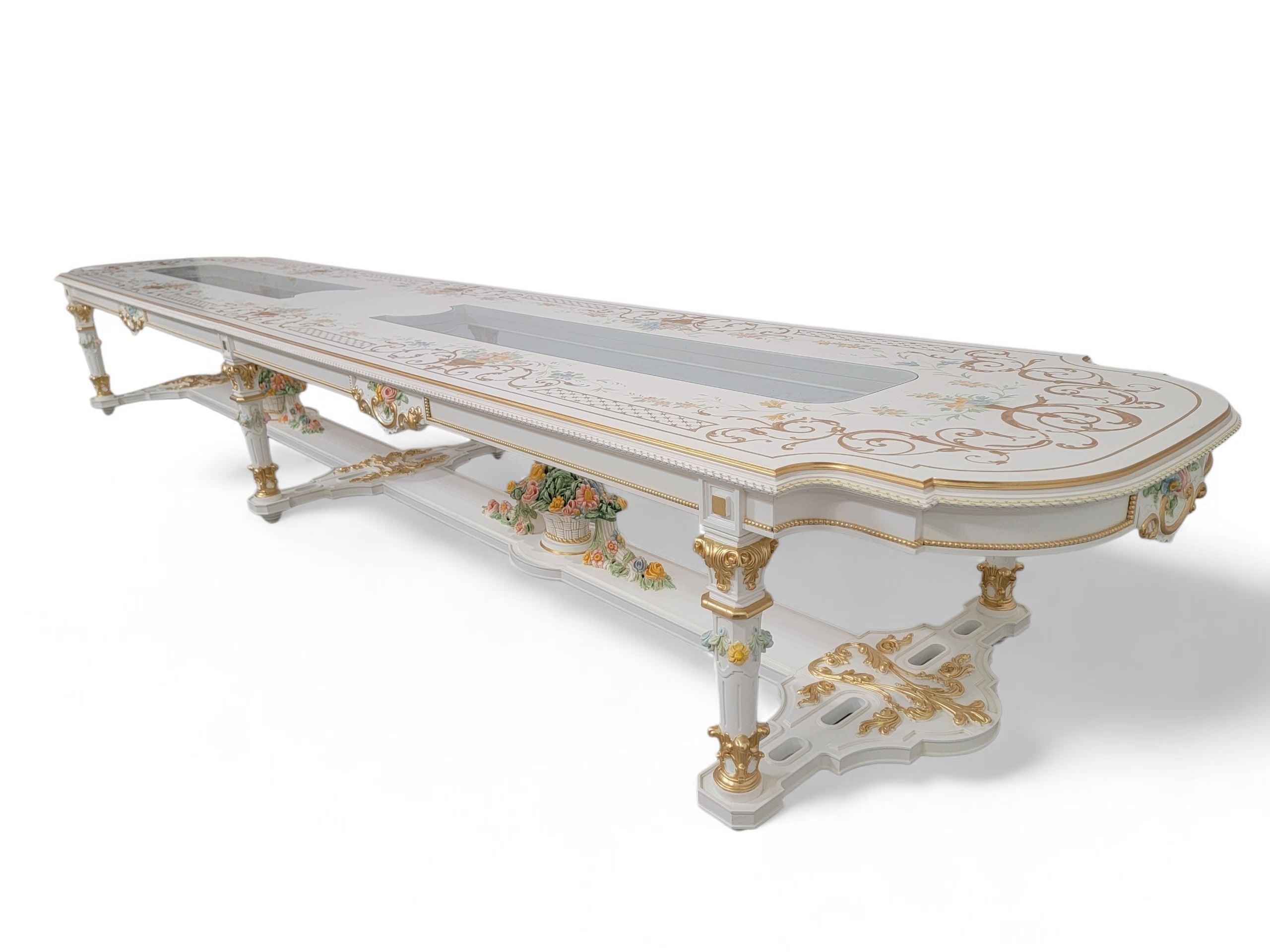 Vintage Monumental 20 Seat Venetian Rococo Gilded Hand Painted Capodimonte Style Dining Set