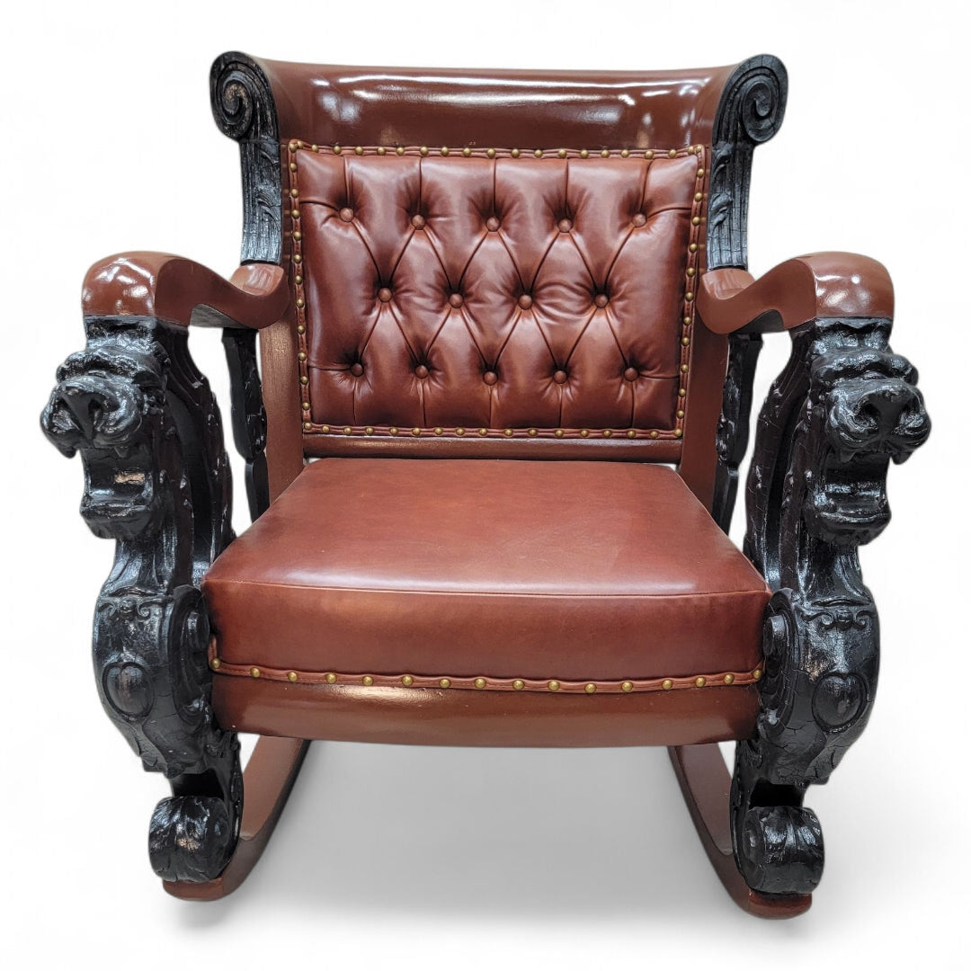Antique R.J. Horner Style Carved Winged Griffin Tufted Parlor Set Newly Restored & Reupholstered in Leather - 3 Piece Set