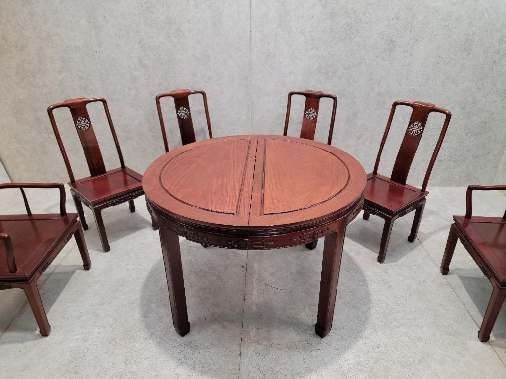 Vintage Imported Asian Rosewood Carved Longevity Extending Dining Table and 8 Chairs