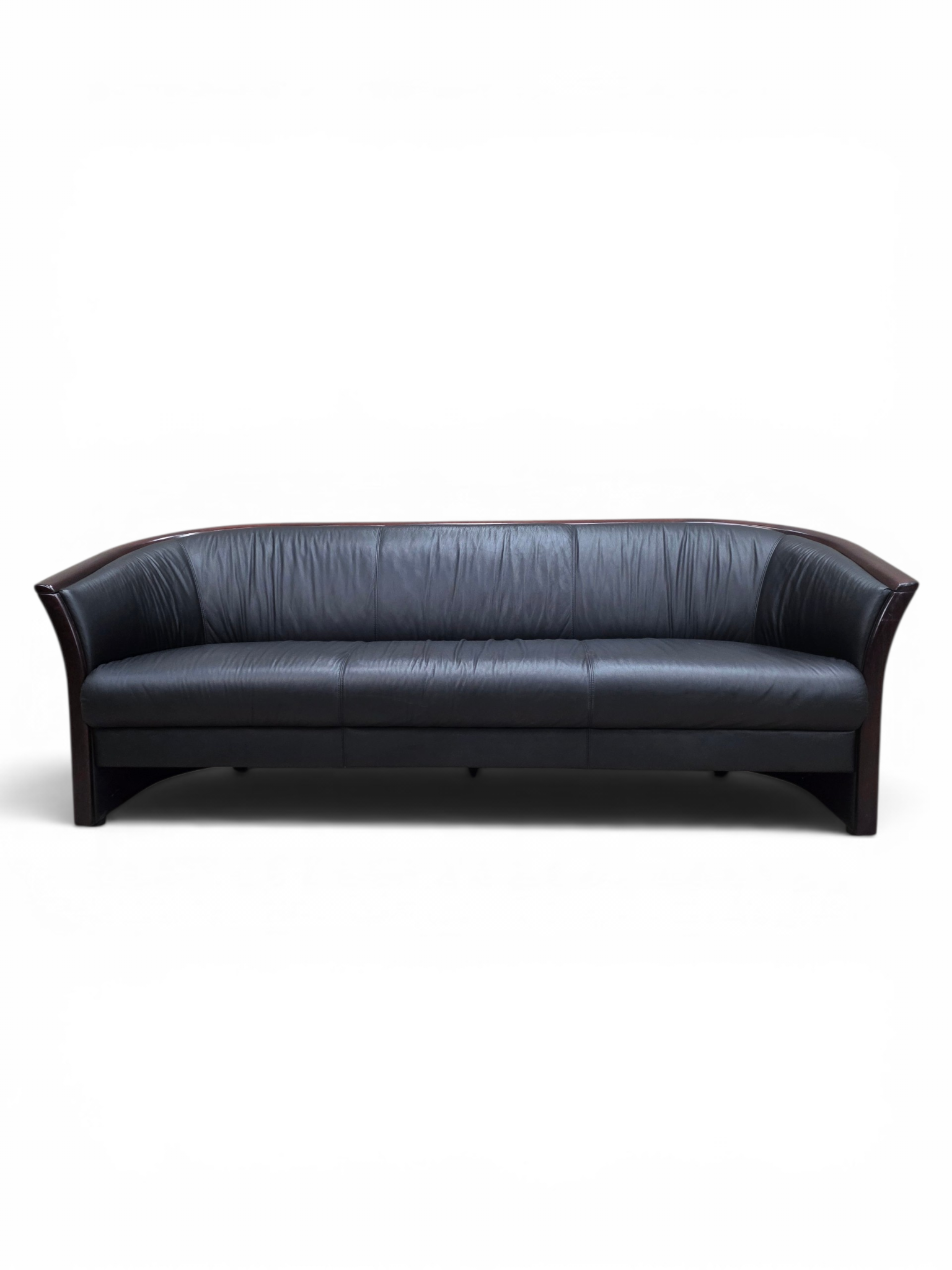 Vintage Ekornes Scandinavian Modern Black Leather Sofa with Rosewood Accents