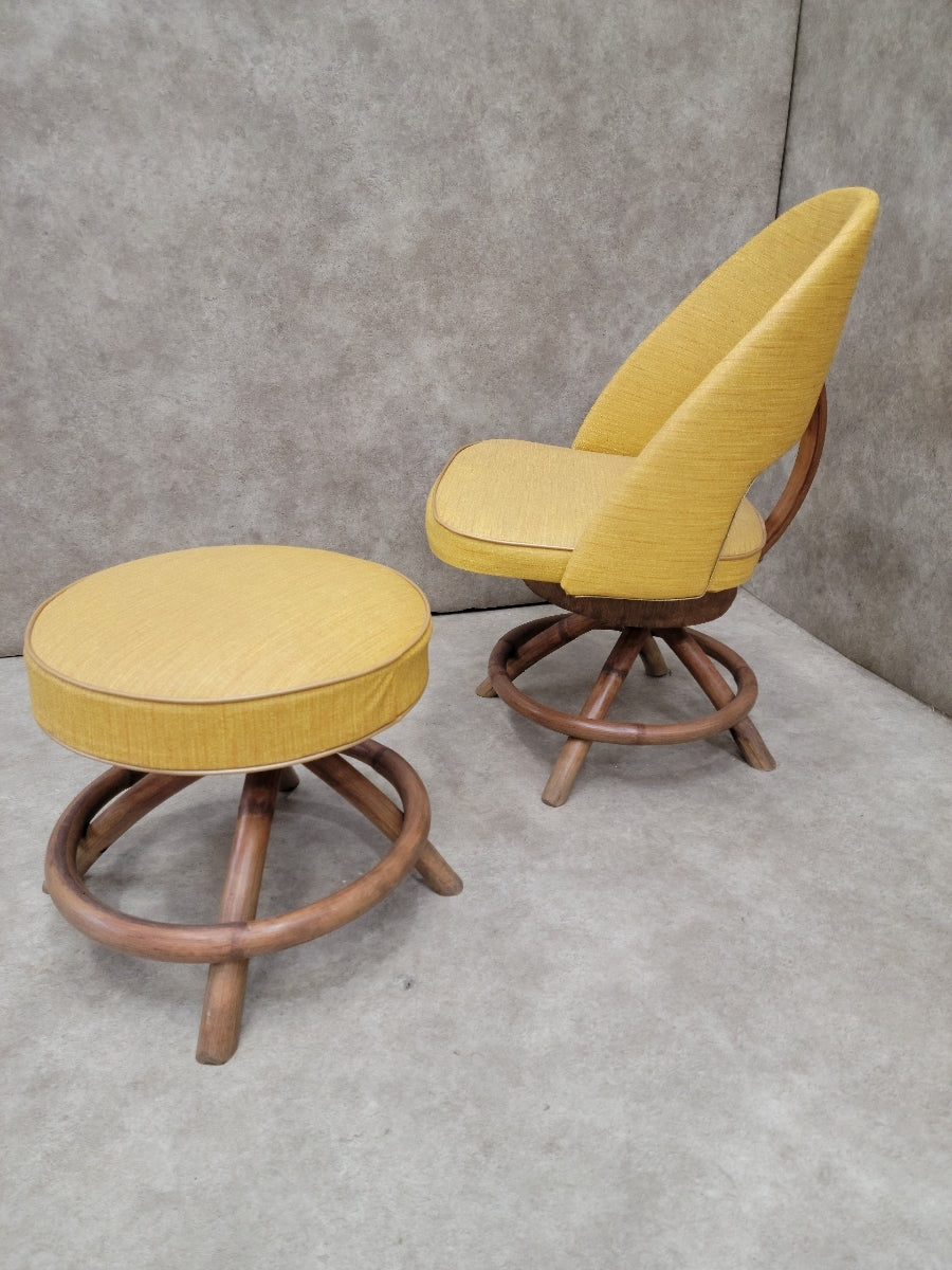 Mid Century Modern Saarinen Style Rattan Swivel Base Chair and Ottoman - 2 Piece Set