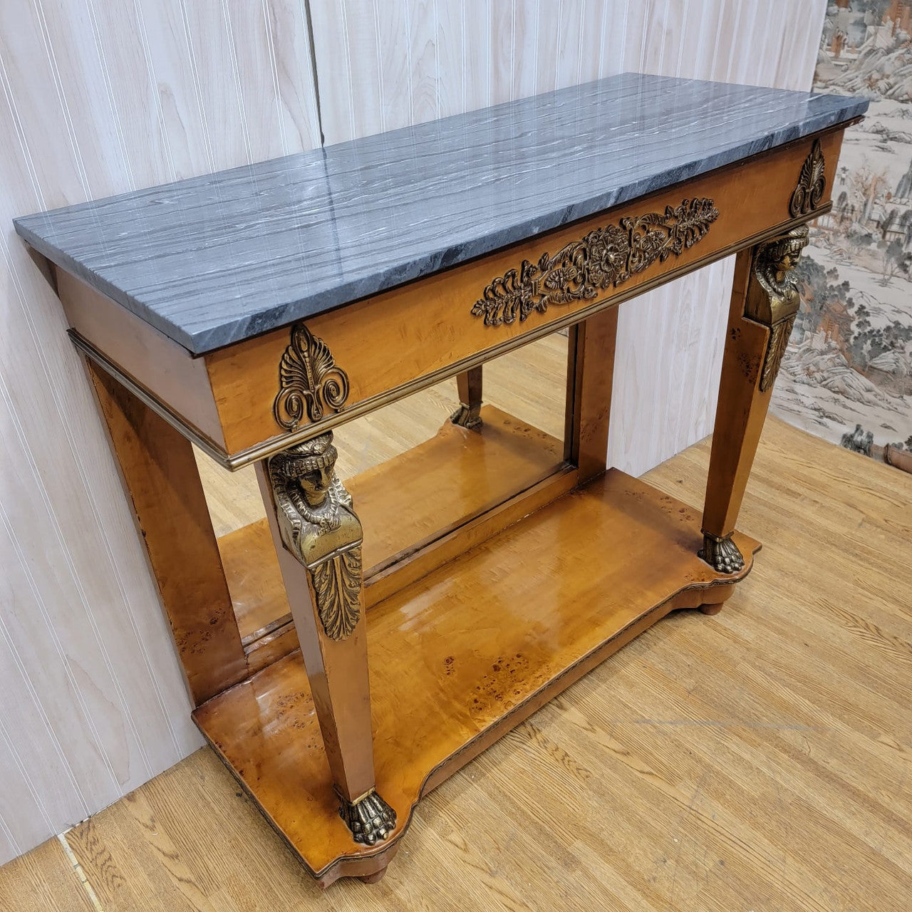 Antique Biedermeier Mirror Back Pier Console Table with 2 Marble Top Side Chests - 3 Piece Set