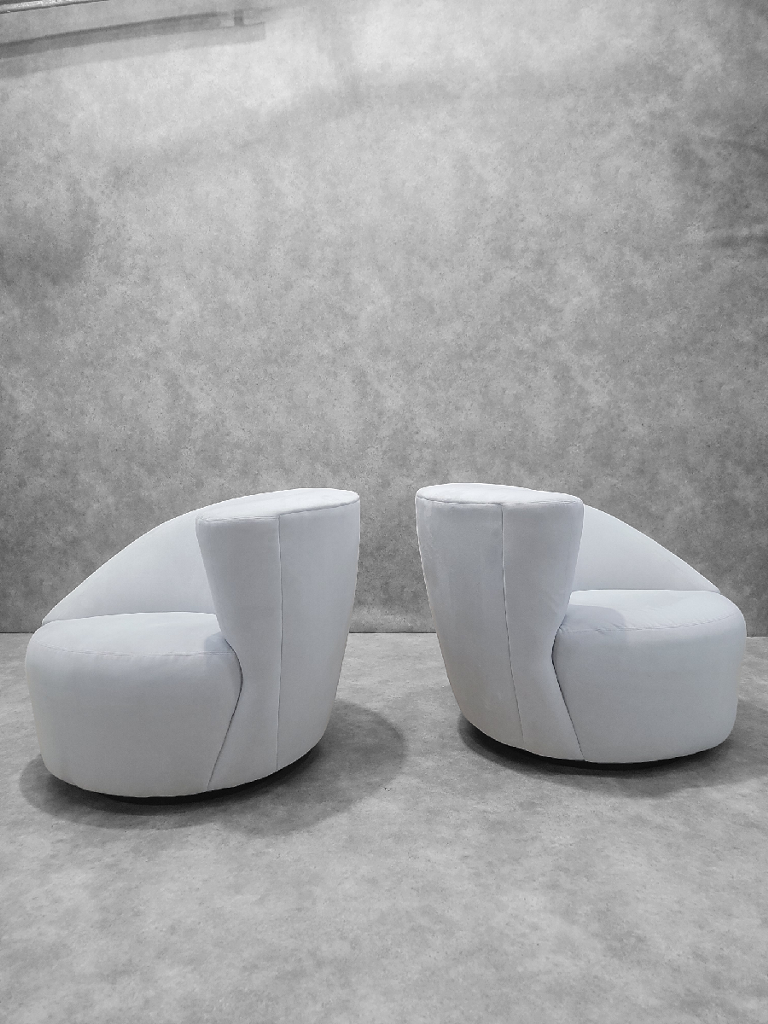 NEW - Mid-Century Set of Vladimir Kagan Nautilus Asymmetrical Original Ice-Blu Suede Upholstered Swivel Lounges For Directional