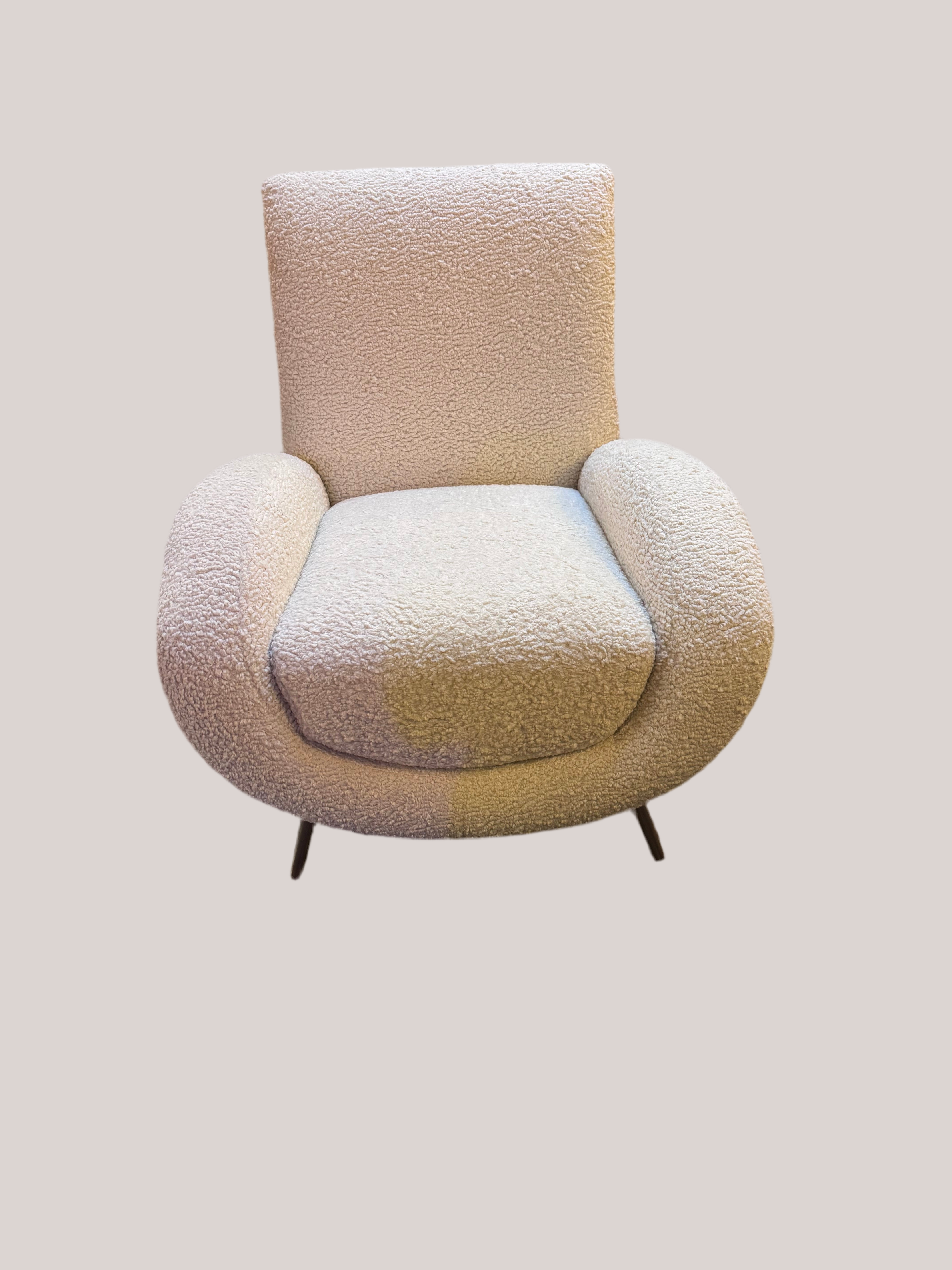 Mid Century Postmodern Italian Slant Back Club Chairs Newly Reupholstered in White Boucle - Pair