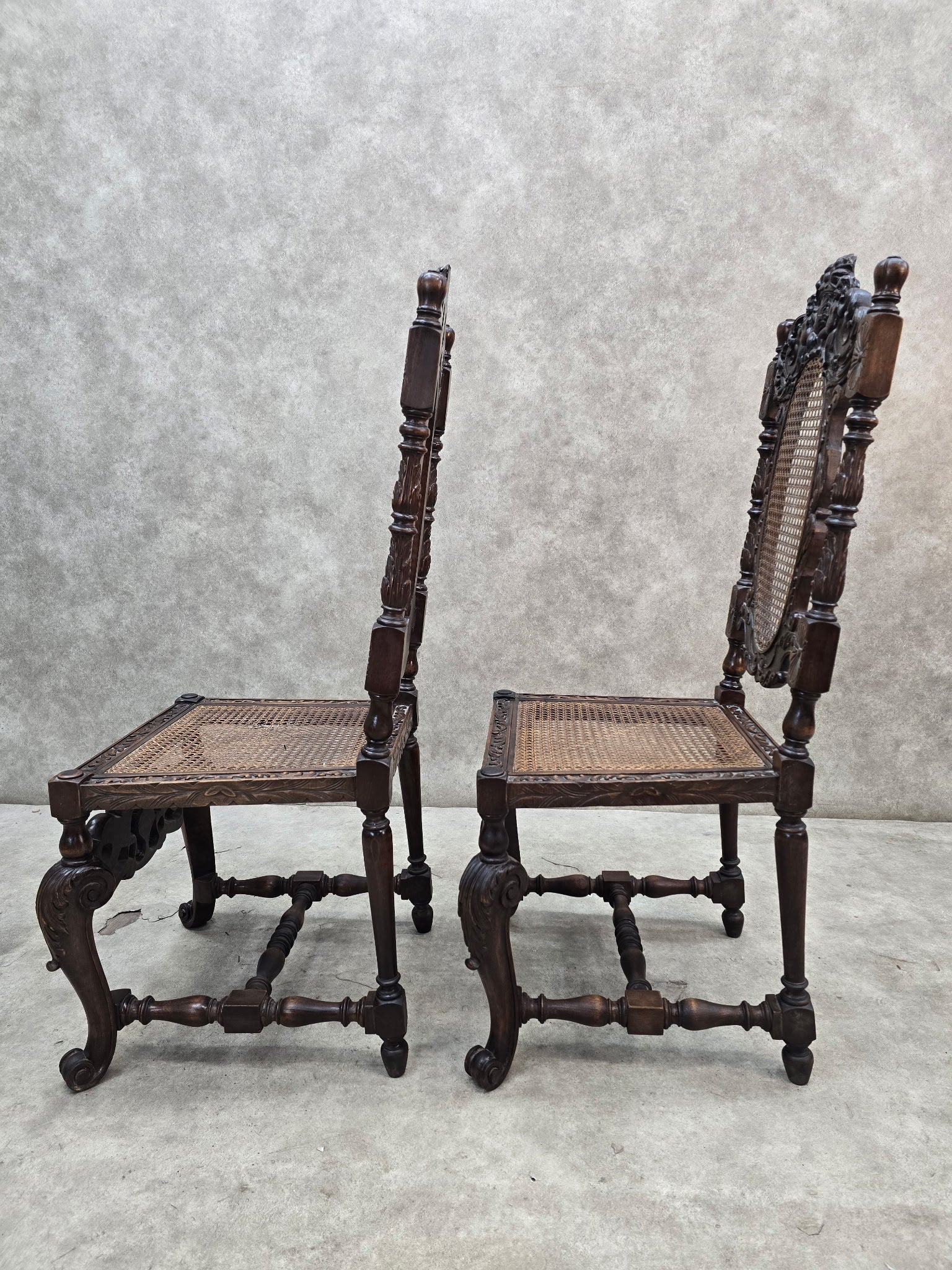 Antique Renaissance Revival Cane Throne Chairs - Pair