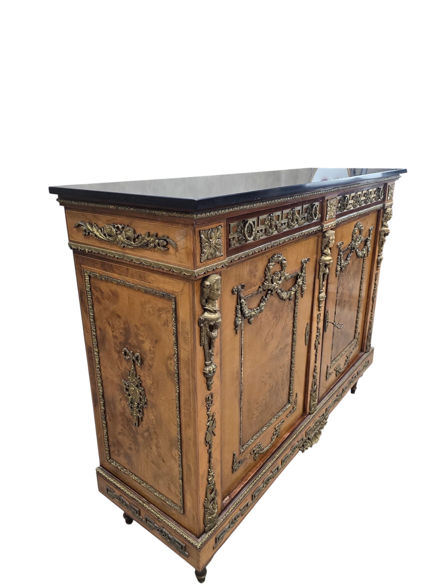 Antique French Louis XVI Style Bronze Mounted Marble Top Cabinet / Server