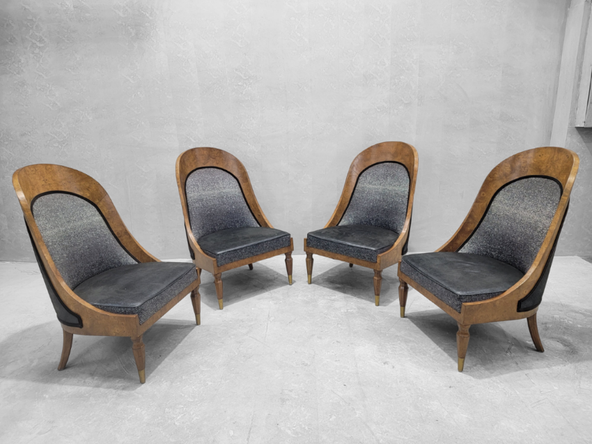 Vintage Biedermeier Style Burlwood Spoon-Back Slipper Chairs by Michael Taylor For Baker Furniture Co. - Set of 4