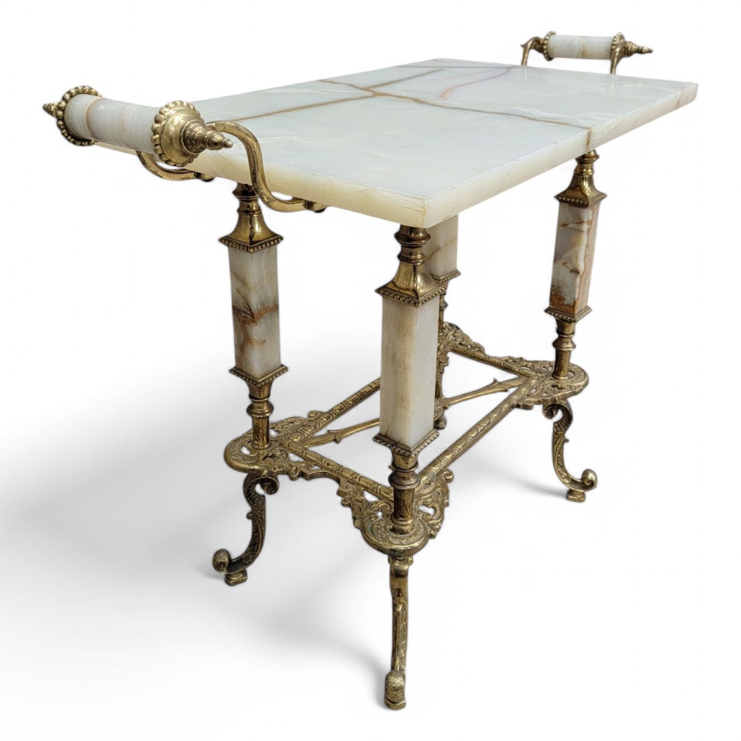 Antique Oscar Bach Ornate Bronze and Onyx Table Set - Set of 2
