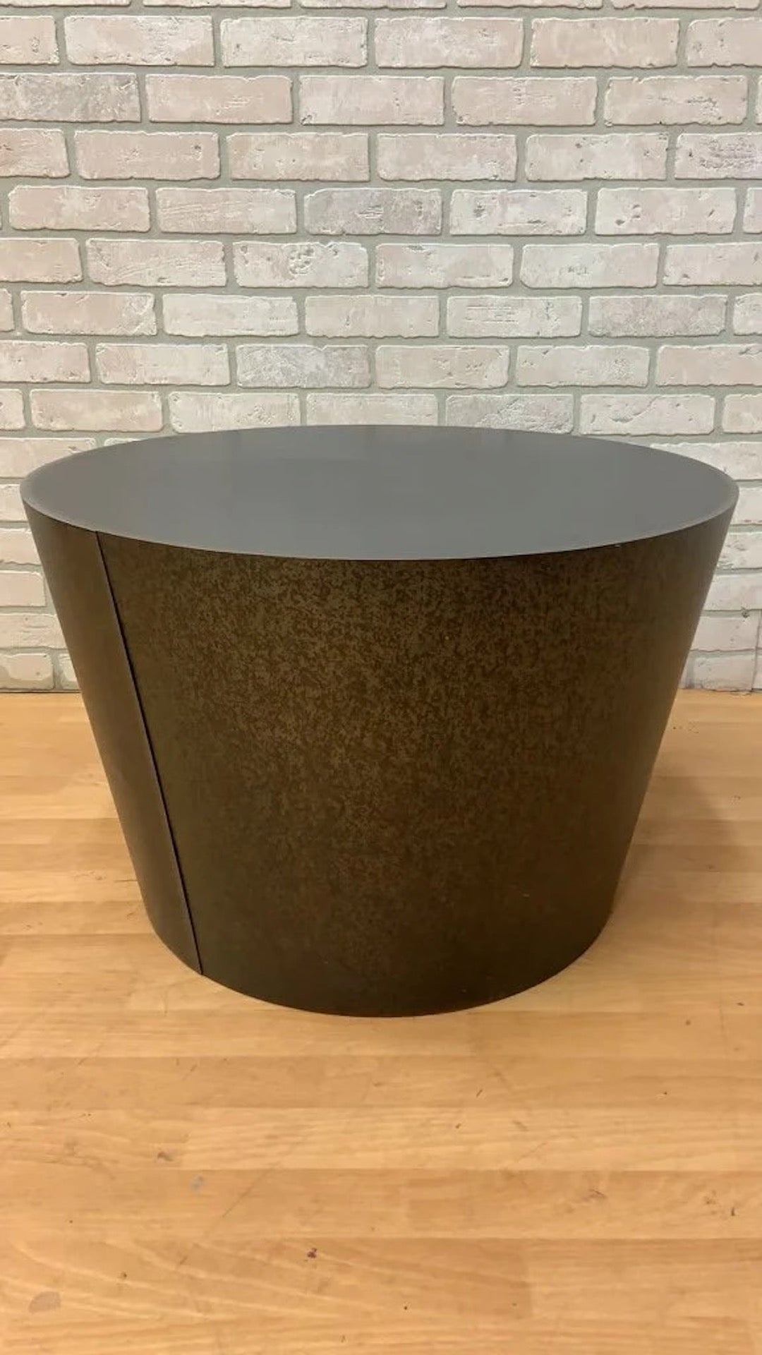 Vintage Modern Round Drum Side or Coffee Table in Patina Metal