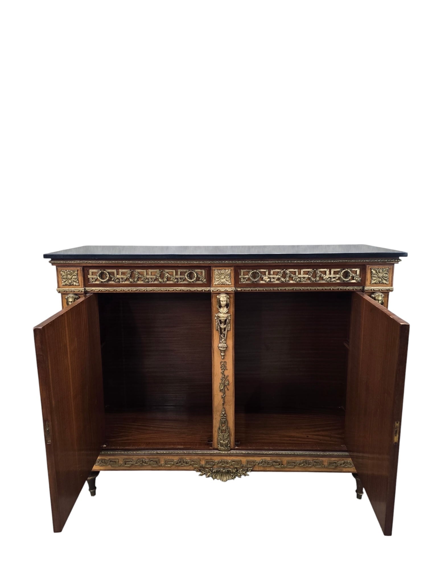 Antique French Louis XVI Style Bronze Mounted Marble Top Cabinet / Server