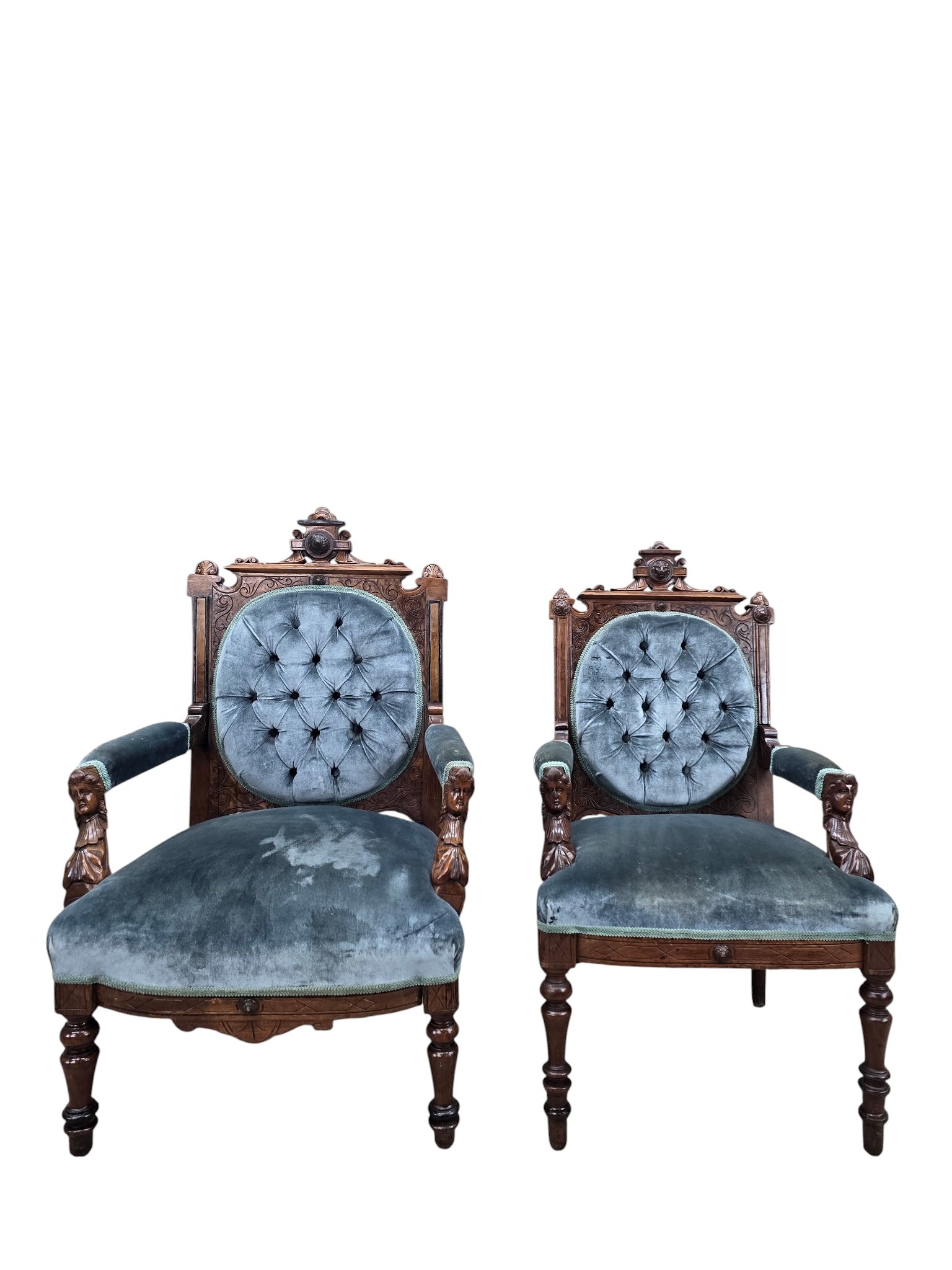 Antique Renaissance Revival Carved Chairs by John Jelliff - Set of 2