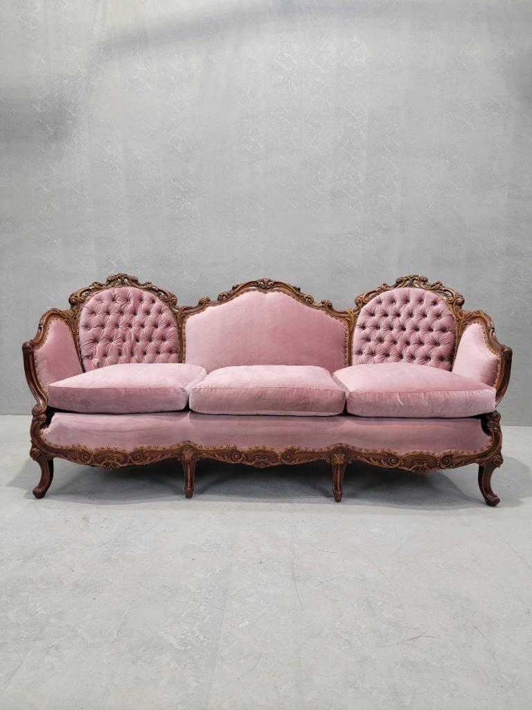 Antique Victorian French Walnut Carved Tufted Back Bergere Parlor Sofa Newly Upholstered in Velvet with Patterned Mohair Back