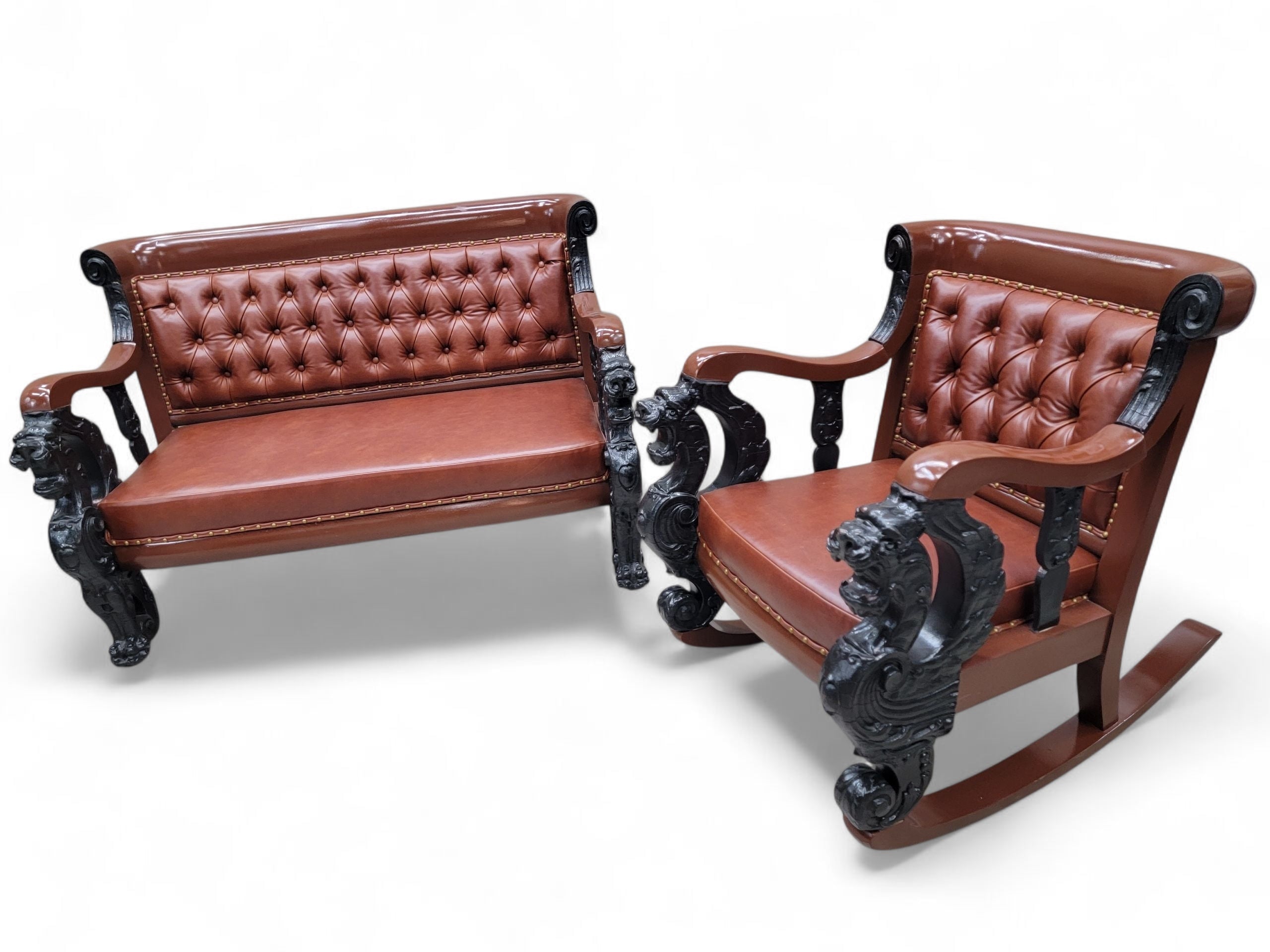 Antique R.J. Horner Style Carved Winged Griffin Tufted Parlor Set Newly Restored & Reupholstered in Leather - 3 Piece Set