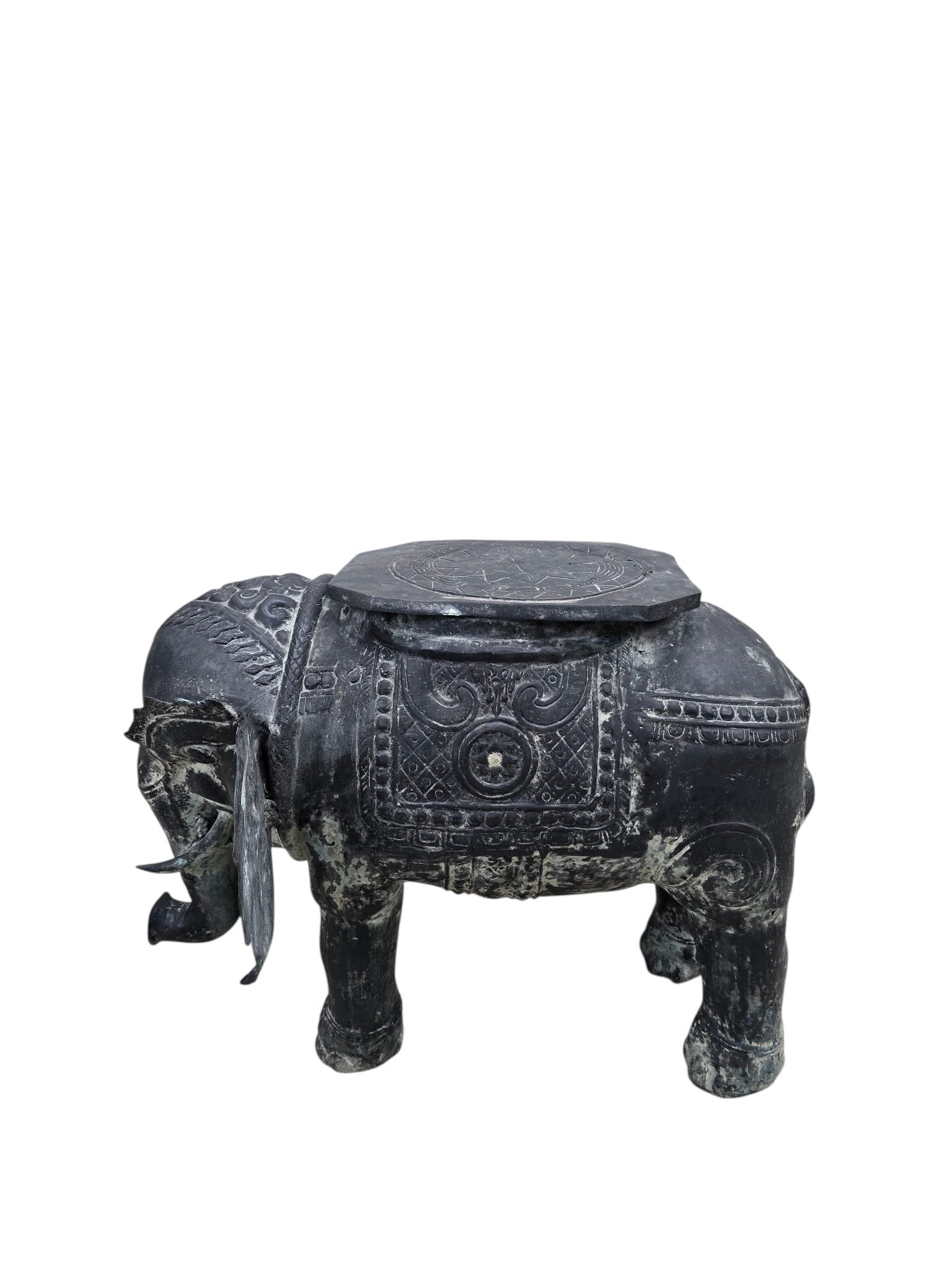 Antique Balinese Hammered Bronze Saddled Elephant Side Table