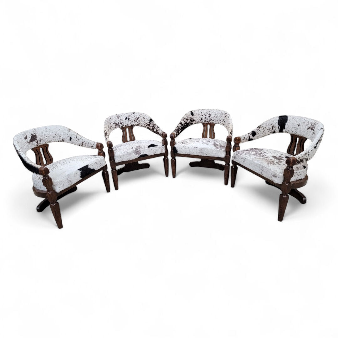 Modern Asian Inspired Carved Curved Back 3 Leg Dining Chairs Upholstered in Cowhide - Set of 4