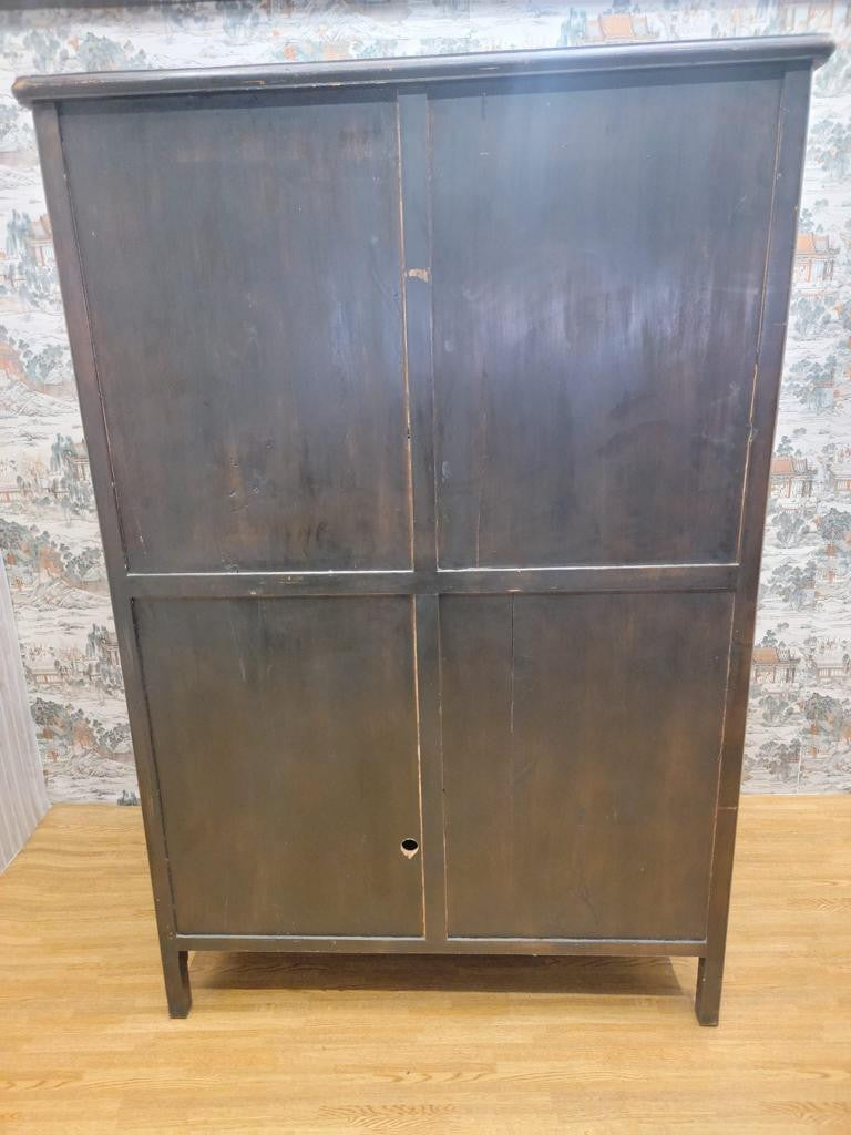 Antique Shanxi Province Hand Painted Black Lacquer Tall Apothecary / Medicine Cabinet