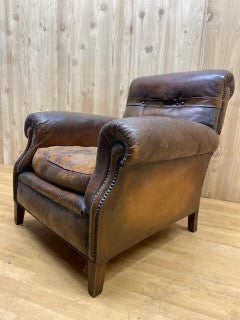 French Art Deco Distressed Dark Brown Leather Club Chair
