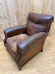 French Art Deco Distressed Dark Brown Leather Club Chair