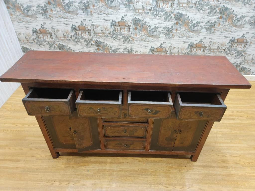 Antique Shanxi Province Red Lacquered & Elmwood Hand Painted Design Sideboard