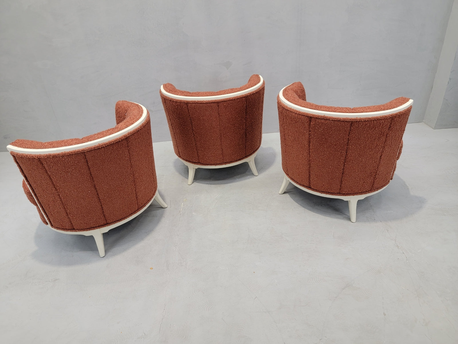 Art Deco Channel Barrel Back Club Chairs Newly Restored & Fully Upholstered in a Burnt Orange Boucle - Set of 3