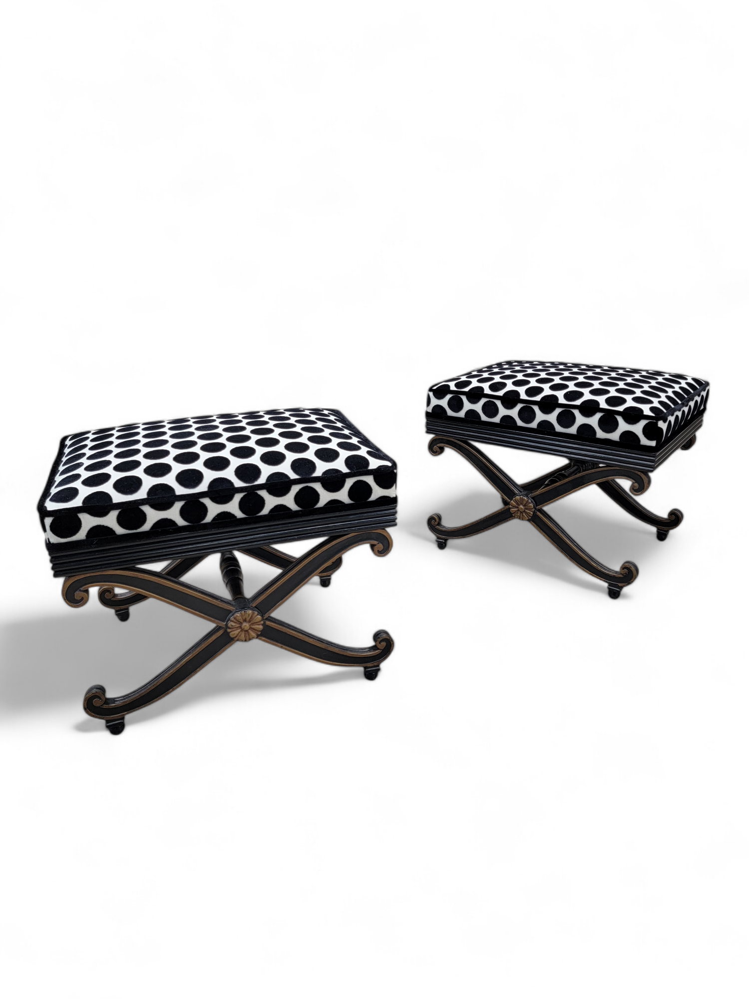 Vintage French Regency Style Ottomans Newly Upholstered in Black & White Velvet Polka Dot Fabric - Pair