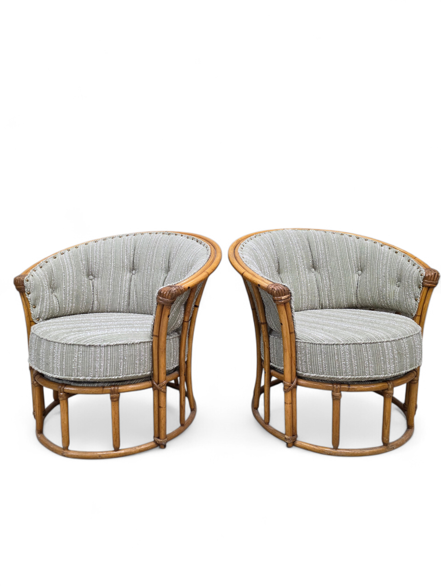 MCM Heywood Wakefield “Ashcraft” Bamboo Style Rattan Chairs Newly Reupholstered – Pair