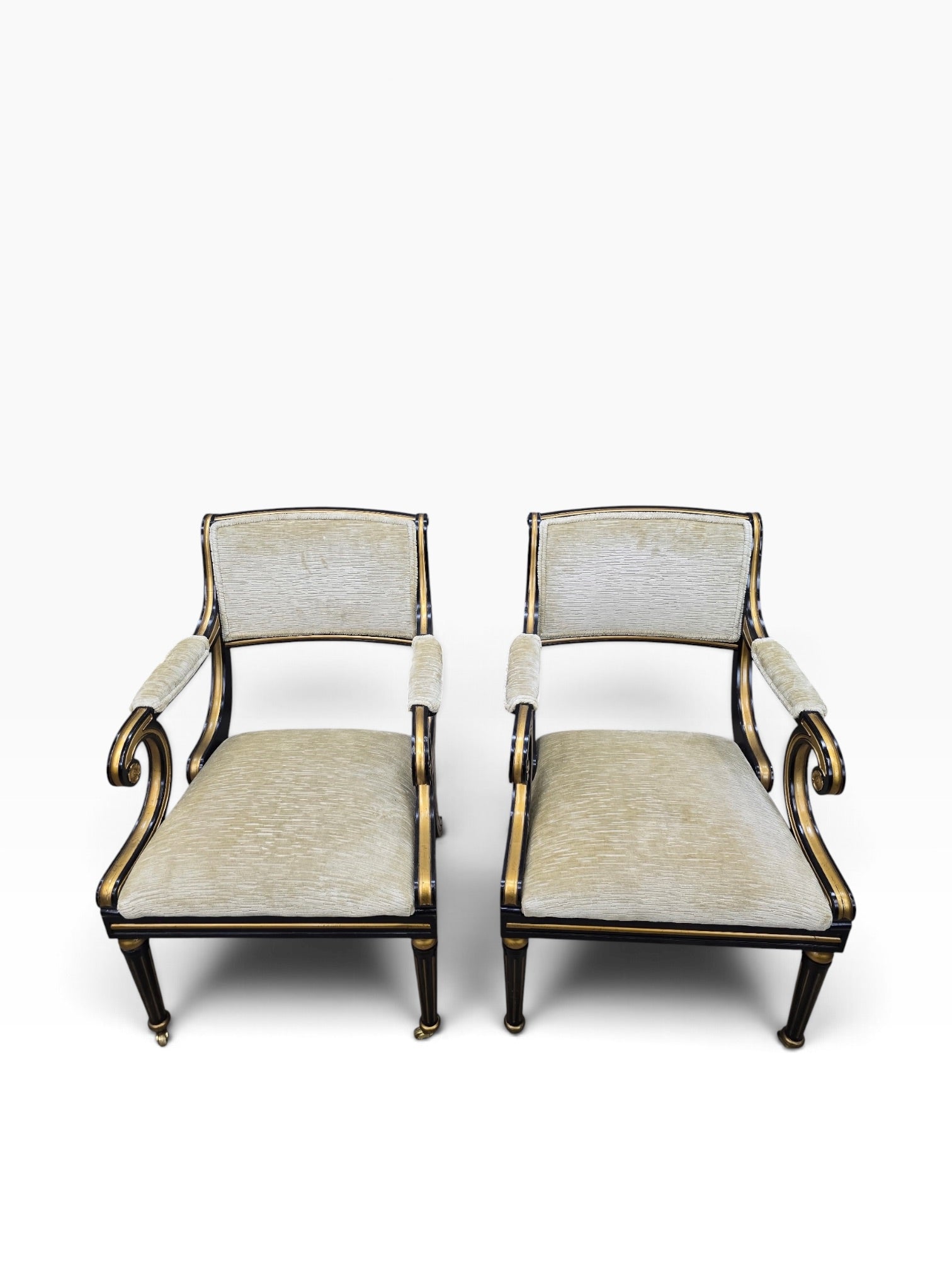 Regency Style Ebonized Armchairs by Baker Newly Reupholstered in a Gold Chenille Fabric - Pair