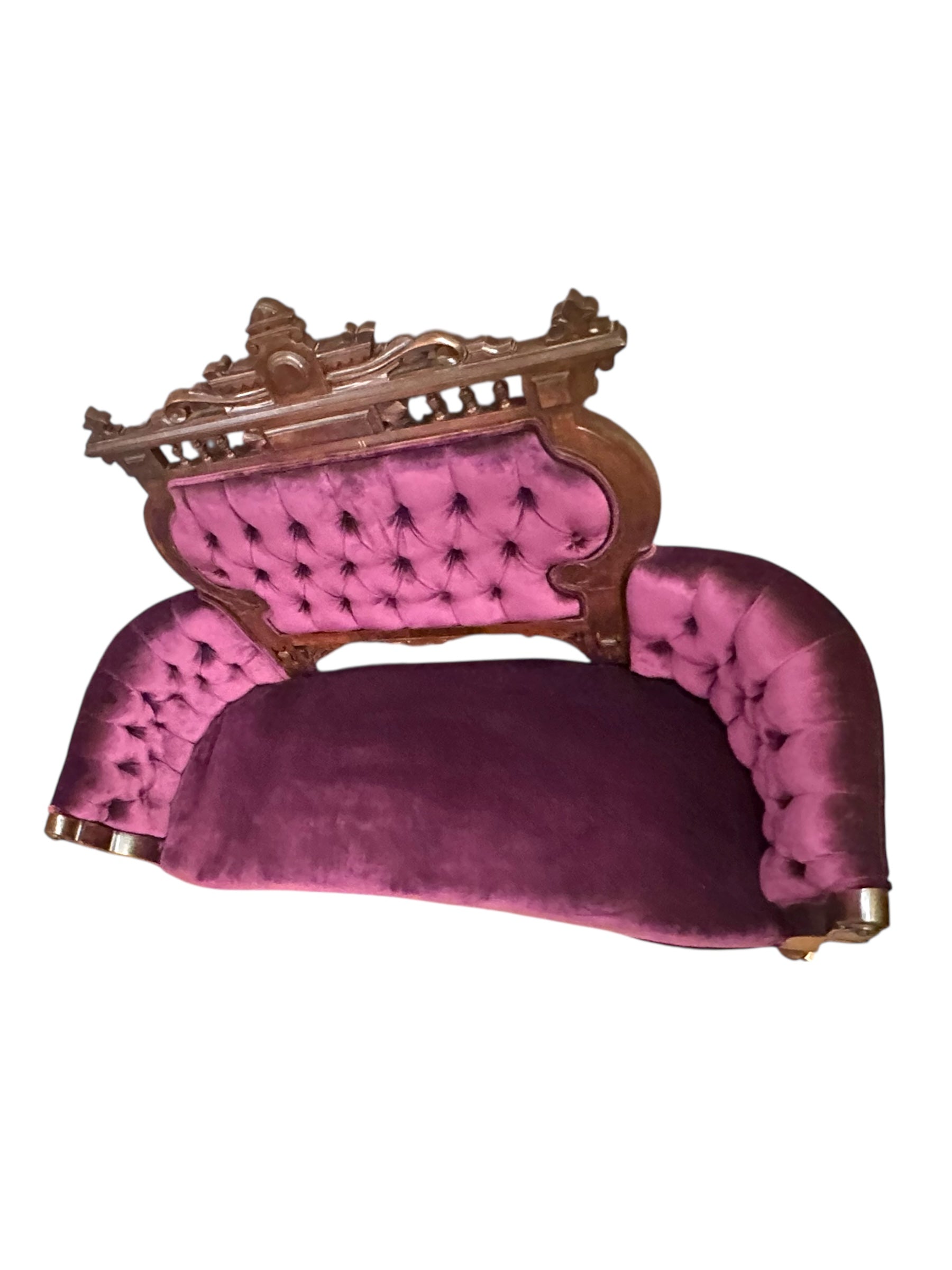 Antique Victorian Eastlake Style 3 Piece Carved Ornate Parlor Set Newly Reupholstered in a Purple Velvet