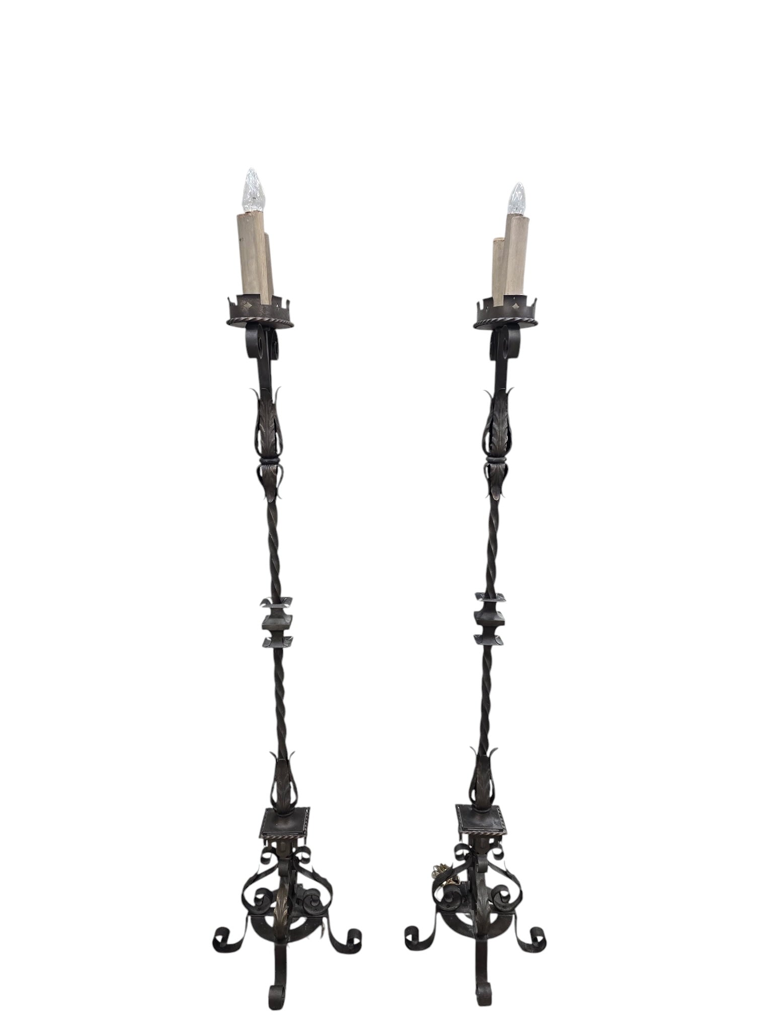Spanish Gothic Revival Hand-Forged Wrought Iron Three-Light Torchiere Floor Lamps – Pair