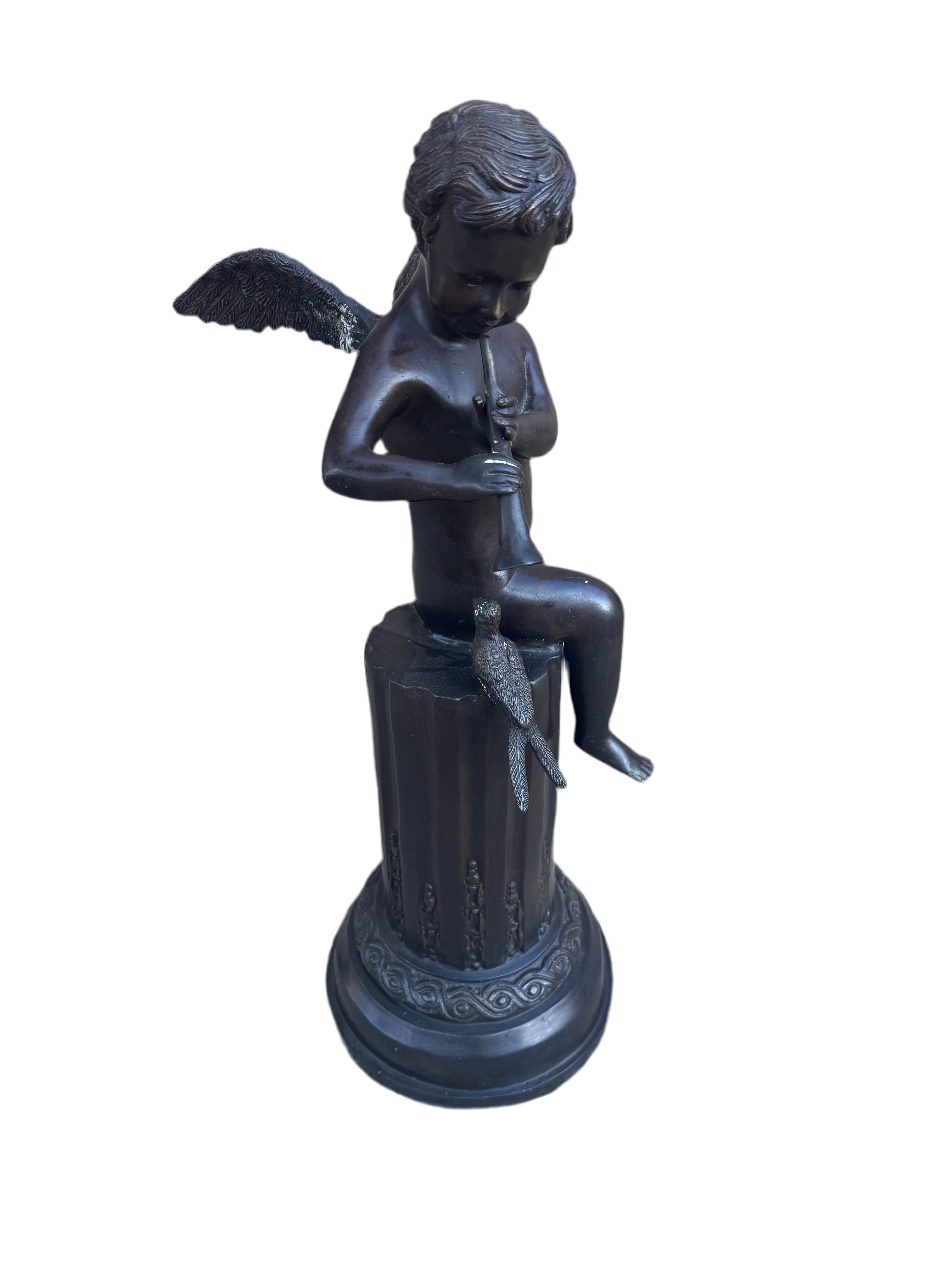 Antique Bronze Cherub on Pedestal Playing The Flute Sculpture Attributed to French Artist Auguste Moreau